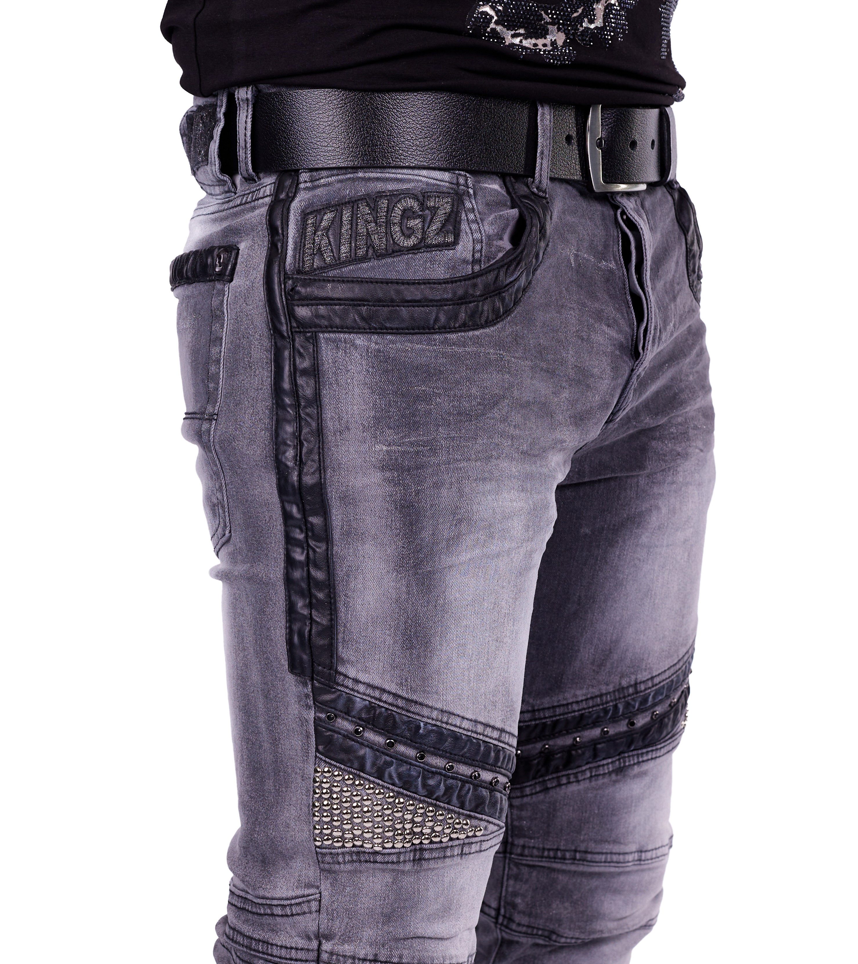 KINGZ Regular-fit-Jeans Herren Biker Designer Jeans von KINGZ Grau W31/L34