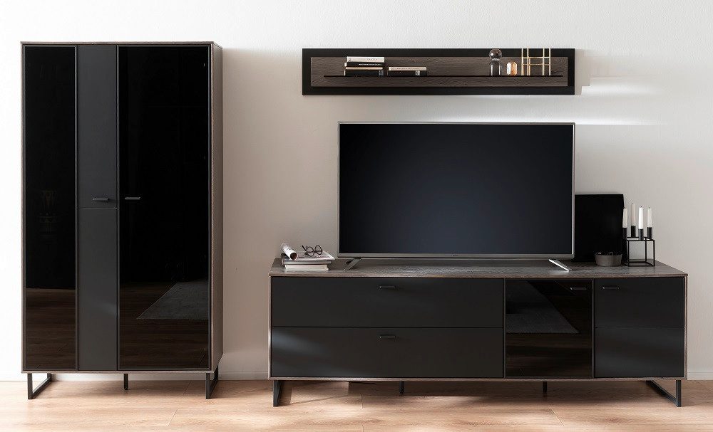 MCA furniture Wohnwand Wohnkombination Venezia, Softblack / Vulcano Eiche, 3-teilig, optio, (3-St), Wohnwand, Anbauwand, modern