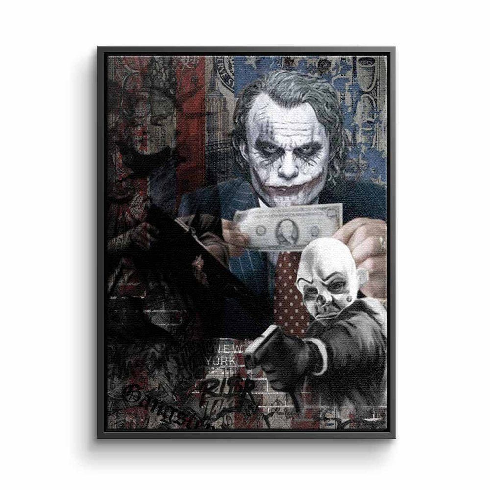 DOTCOMCANVAS® Leinwandbild, Leinwandbild Serious Money Joker Geld Pop Art Motiv mit premium Rahmen schwarzer Rahmen
