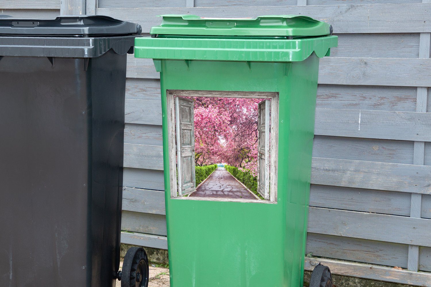 Abfalbehälter - Baum Container, Wandsticker (1 - St), Mülltonne, MuchoWow Kirschblüte Mülleimer-aufkleber, Sakura - Transparent Sticker,
