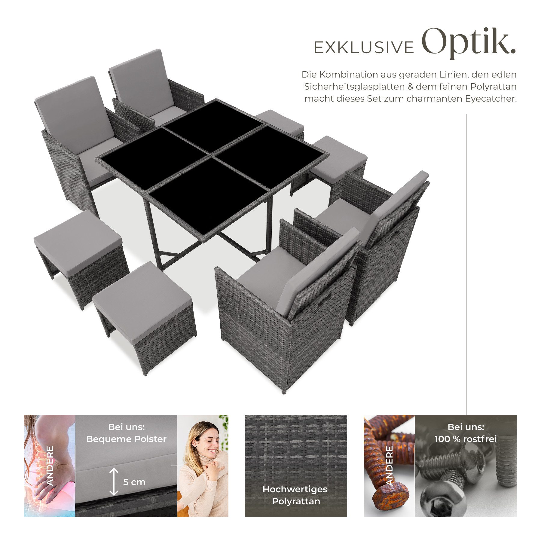 tectake Sitzgruppe Rattan-Gartenlounge für 4 bis 8 Personen, Inkl. Schutzhülle, (Loungeset Bilbao, 9-tlg., für Außen in Grau), widerstandsfähig, UV-beständig, mit Sicherheitsglasplatten