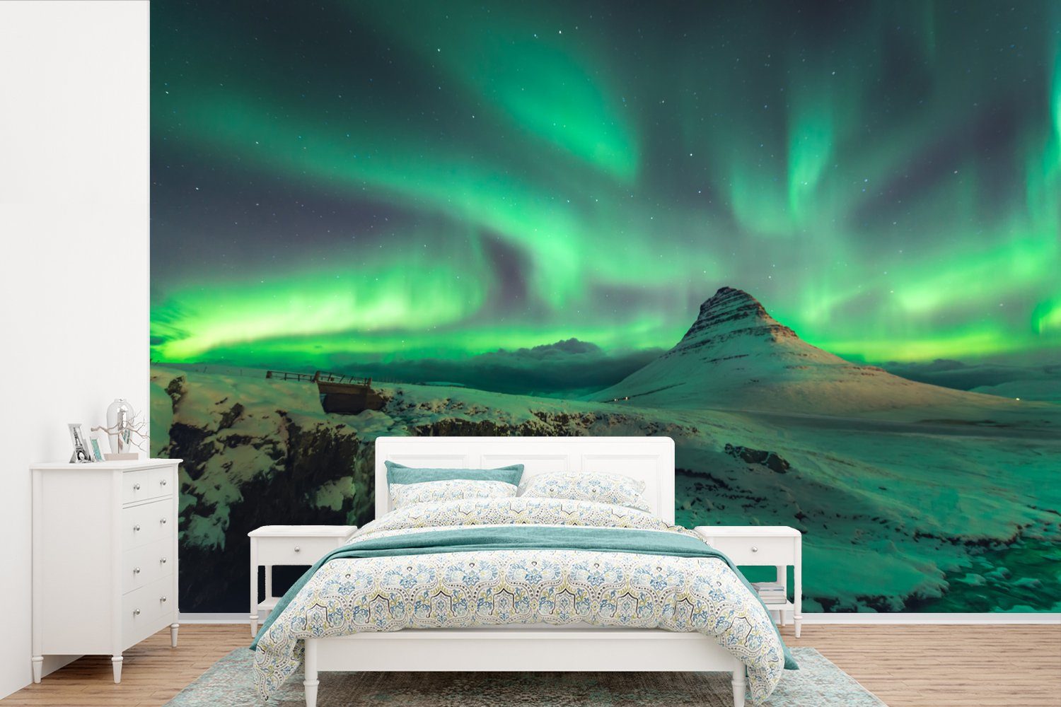 MuchoWow Fototapete Nordlichter - Berge - Norwegen, Matt, bedruckt, (6 St), Wallpaper für Wohnzimmer, Schlafzimmer, Kinderzimmer, Vinyl Tapete | Fototapeten