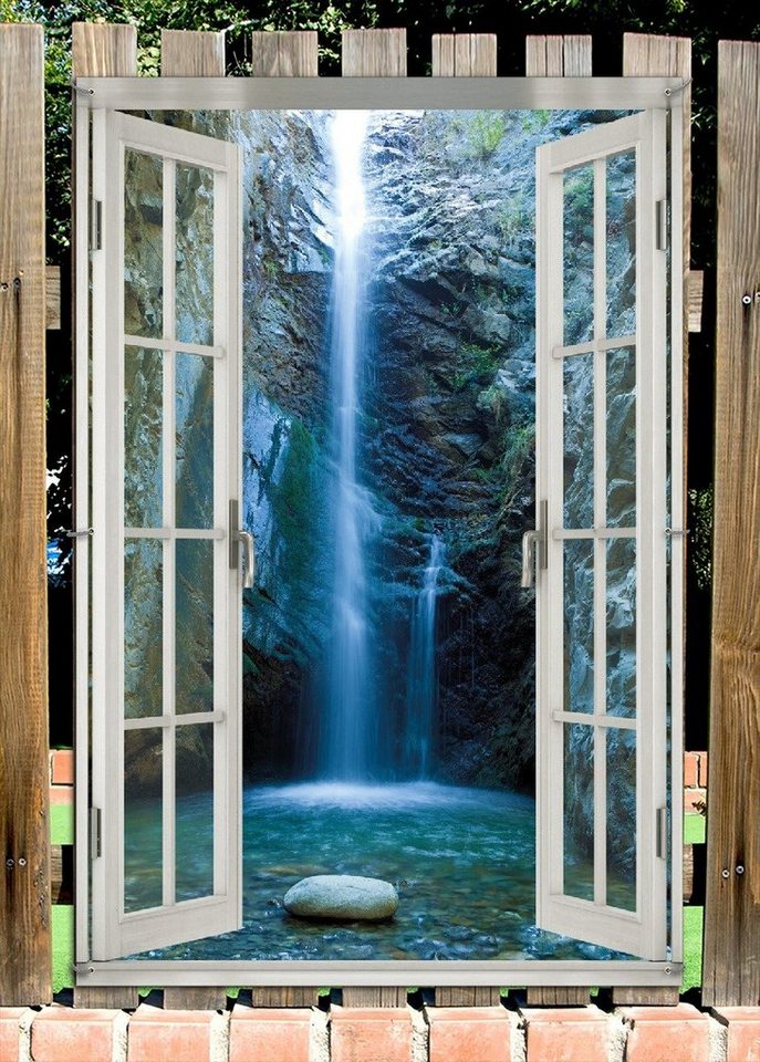 Thumbnail - Wallario Sichtschutzzaunmatten Wasserfall bei Sonneneinfall, mit Fenster-Illusion