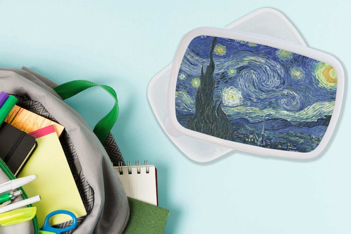 Gemälde Brotbox Meister (2-tlg), Sternennacht Vincent Brotdose, und weiß van für und MuchoWow - Mädchen Kunststoff, Kinder - für Erwachsene, Gogh, Lunchbox Alte - Jungs