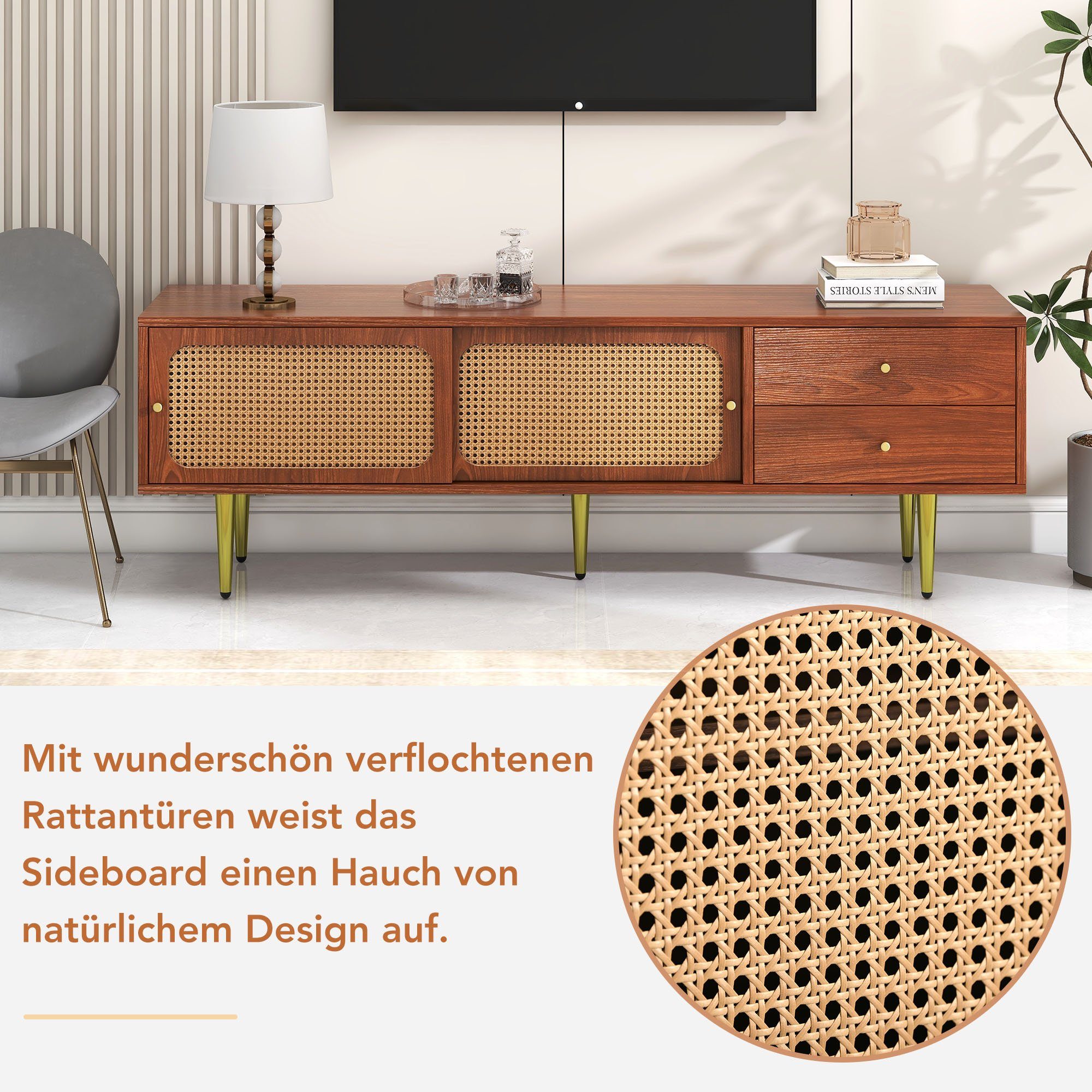 Merax Lowboard im Vintage-Stil mit Rattan Geflecht, TV-Schrank mit 2 Schiebetüren und 2 Schubladen,Breite 160cm – Bild 4 von 5