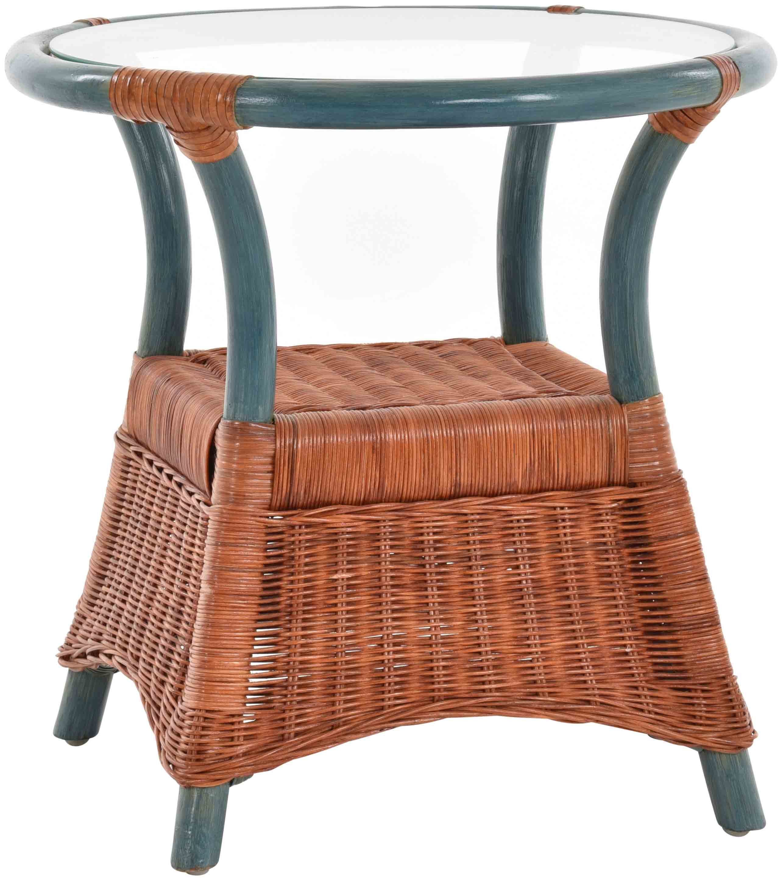 Krines Home Beistelltisch Rattan Beistelltisch mit Glasplatte Kaffeetisch Wohnzimmer Tisch, aus Rattan Naturmaterial Rotbraun-Blau