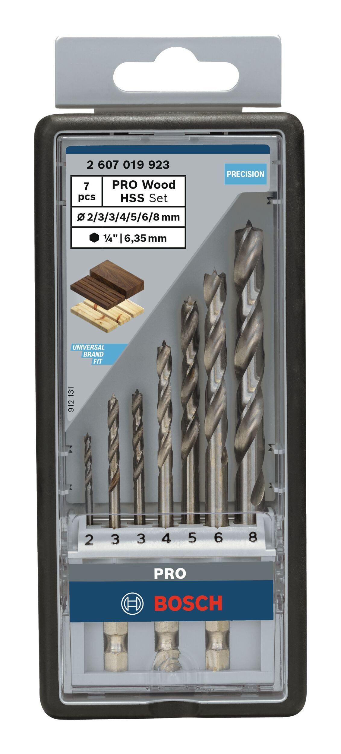 BOSCH Holzbohrer Pro Wood HSS, (7 Teile), Holzspiralbohrer-Set, 2 - 8 mm, 7-teilig