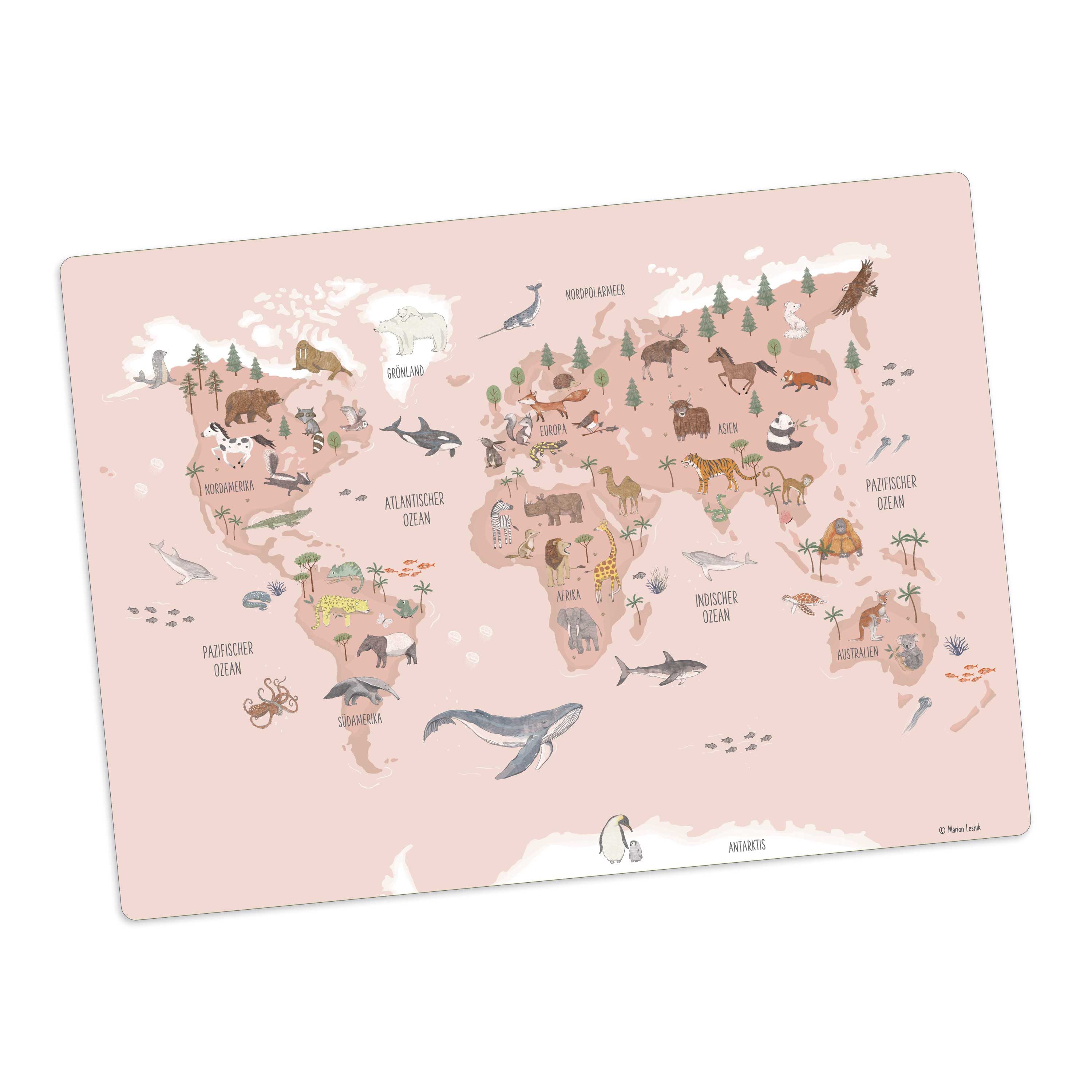 scriptum Platzset für Kinder - „Weltkarte Tiere rosa deutsch" - aus Premium Vinyl, (44x32 cm - rutschhemmend, abwaschbar, 1-St), Made in Germany