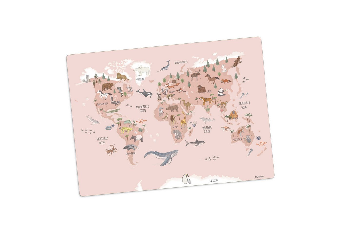 scriptum Platzset für Kinder - „Weltkarte Tiere rosa deutsch" - aus Premium Vinyl, (44x32 cm - rutschhemmend, abwaschbar, 1-St), Made in Germany