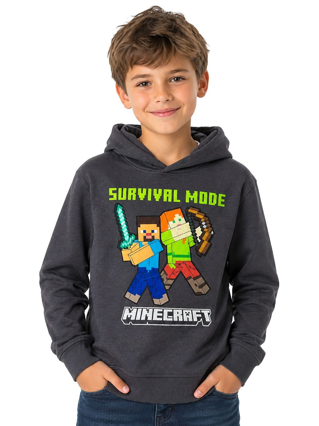 Minecraft Hoodie Minecraft Kinder Hoodie dunkelgrau Survival Mode – Größen 116–152 Minecraft Kinder Sweatshirt mit Kapuze