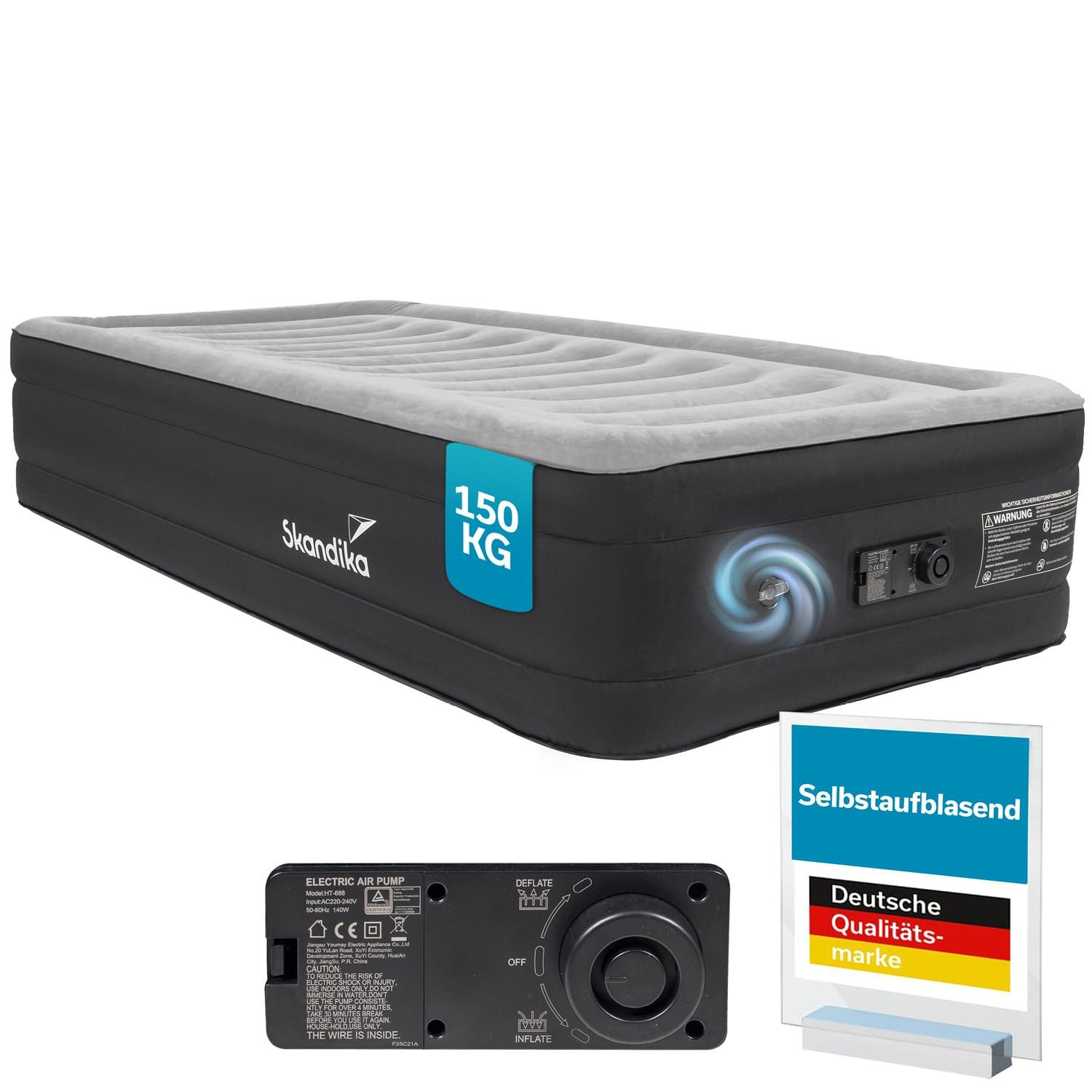 Skandika Luftmatratze Sveja Flex / Plus / Premium, selbstaufblasend mit Pumpe, 1 bis 2 Personen, 150 - 300 kg belastbar, Tragetasche, Kabelfach