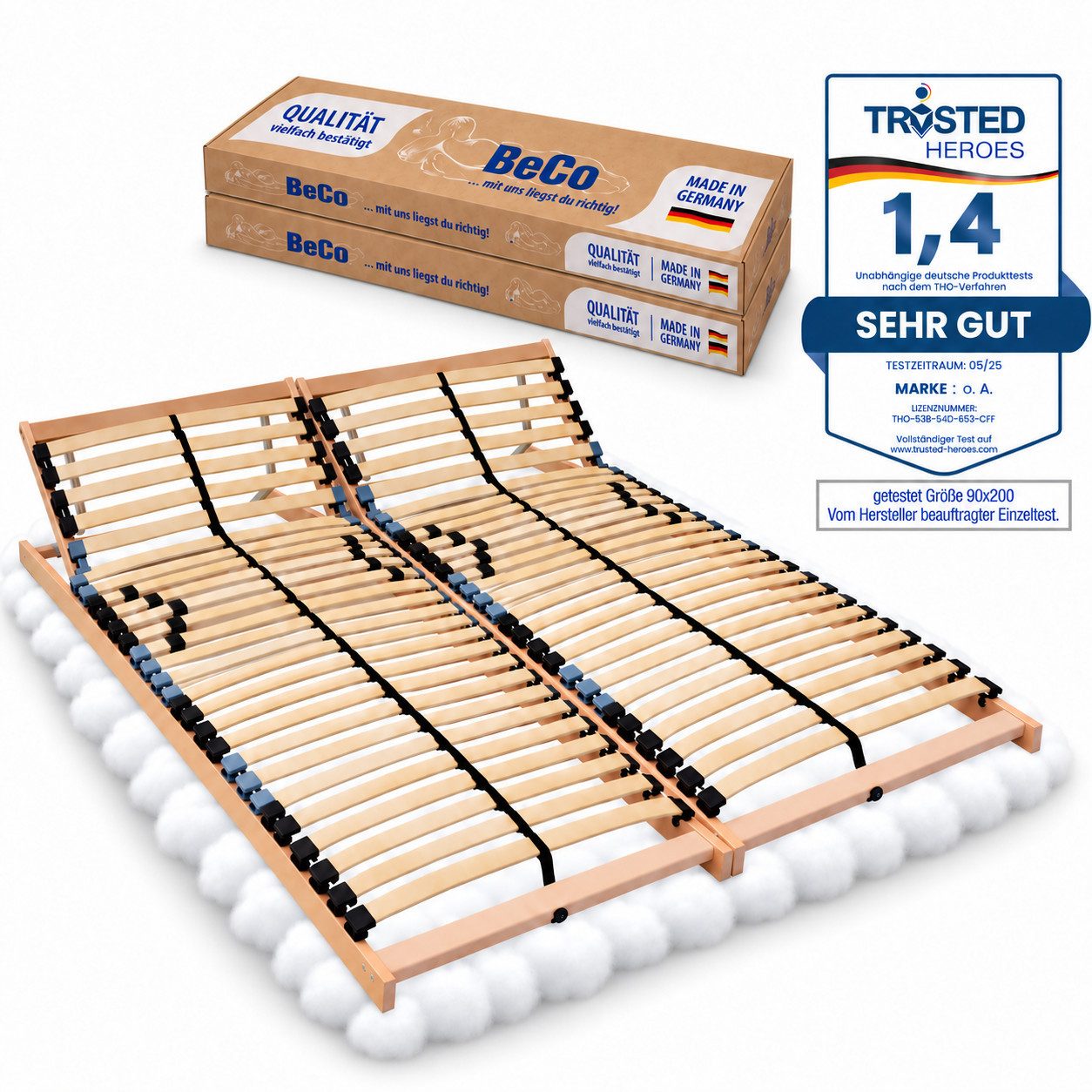 Lattenrost Easy 4 all BeCo 200x200 mit verstellbarem Kopfteil, Beco, 28 Leisten,100 Tage Probeschlafen, Hergestellt in Deutschland