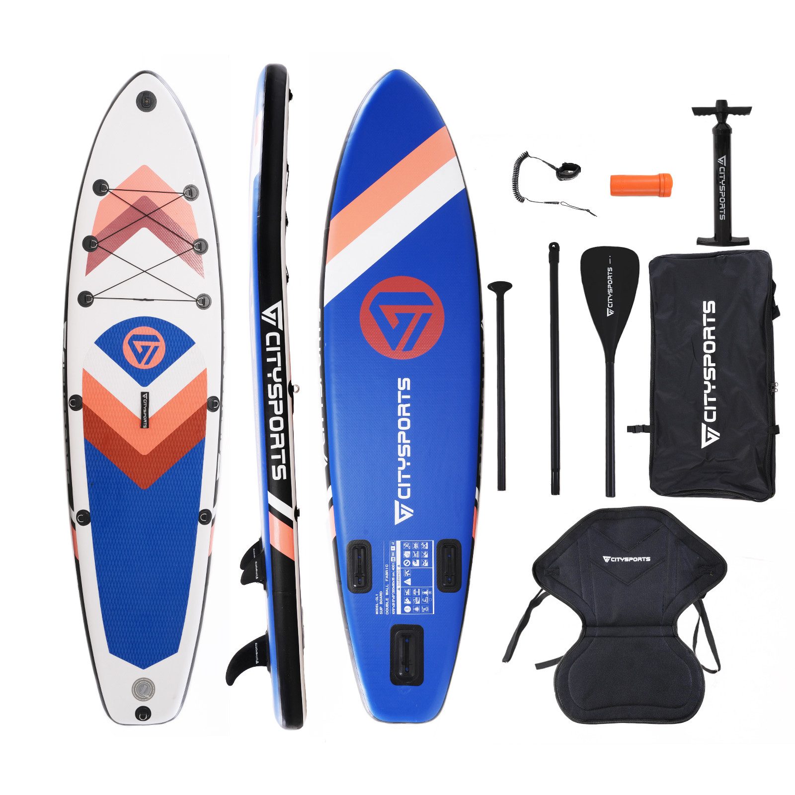 CITYSPORTS Inflatable SUP-Board aufblasbares Stand Up Paddle Board set bis 160/220 kg, Komplettset mit Paddel, Pumpe, Rucksack, Leash, Finnen & Kajak-Sitz