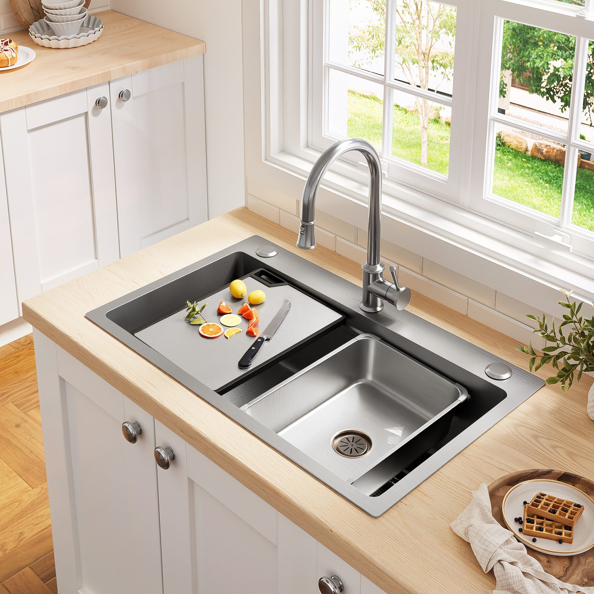Flieks Edelstahlspüle Küchenspüle Waschbecken mit Schneidebrett, Siebkorb und Abflusszubehör, rechteckig, 75/45 cm, flächenbündiger Einbau, PVD-beschichtete Einbauspüle Spülebecken aus Edelstahl
