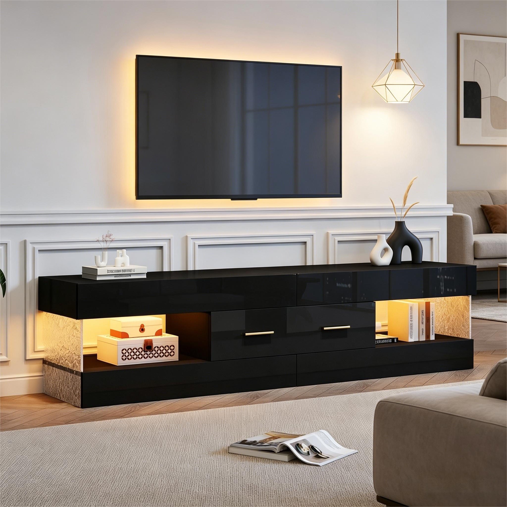 Merax Lowboard mit LED-Beleuchtung (TV-Möbel für Fernseher bis 75 Zoll, 1 St., 152x35x40cm), TV-Schrank mit Acryl-Seitenwänden, 2 Schubladen & 4 offenen Fächern