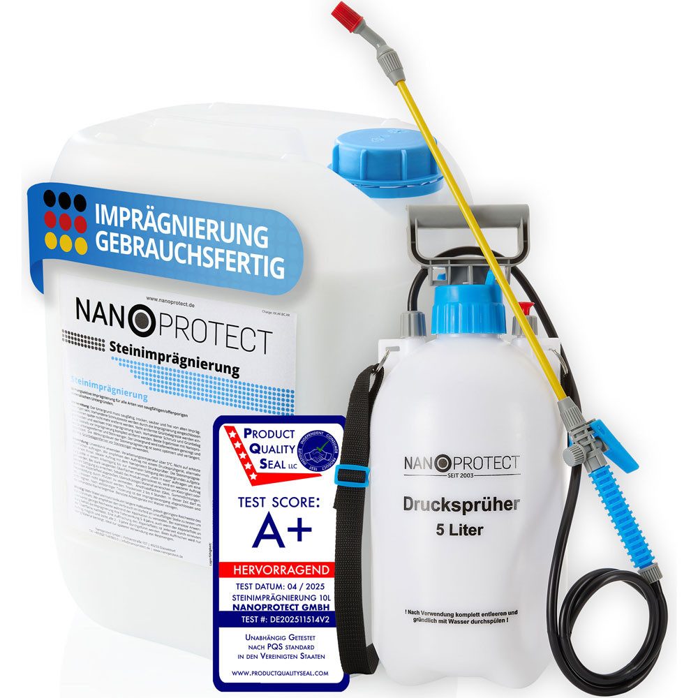 Nanoprotect Steinimprägnierung Naturstein-Imprägnierung (Steinimprägnierung + Drucksprüher für 80 - 120 qm), Unsichtbare Imprägnierung - Made in Germany
