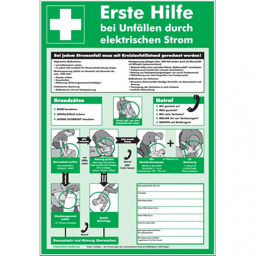 Dreifke Hinweisschild Aushang EH bei Unfällen durch elektrischen Strom, Recycling-Verbundpla