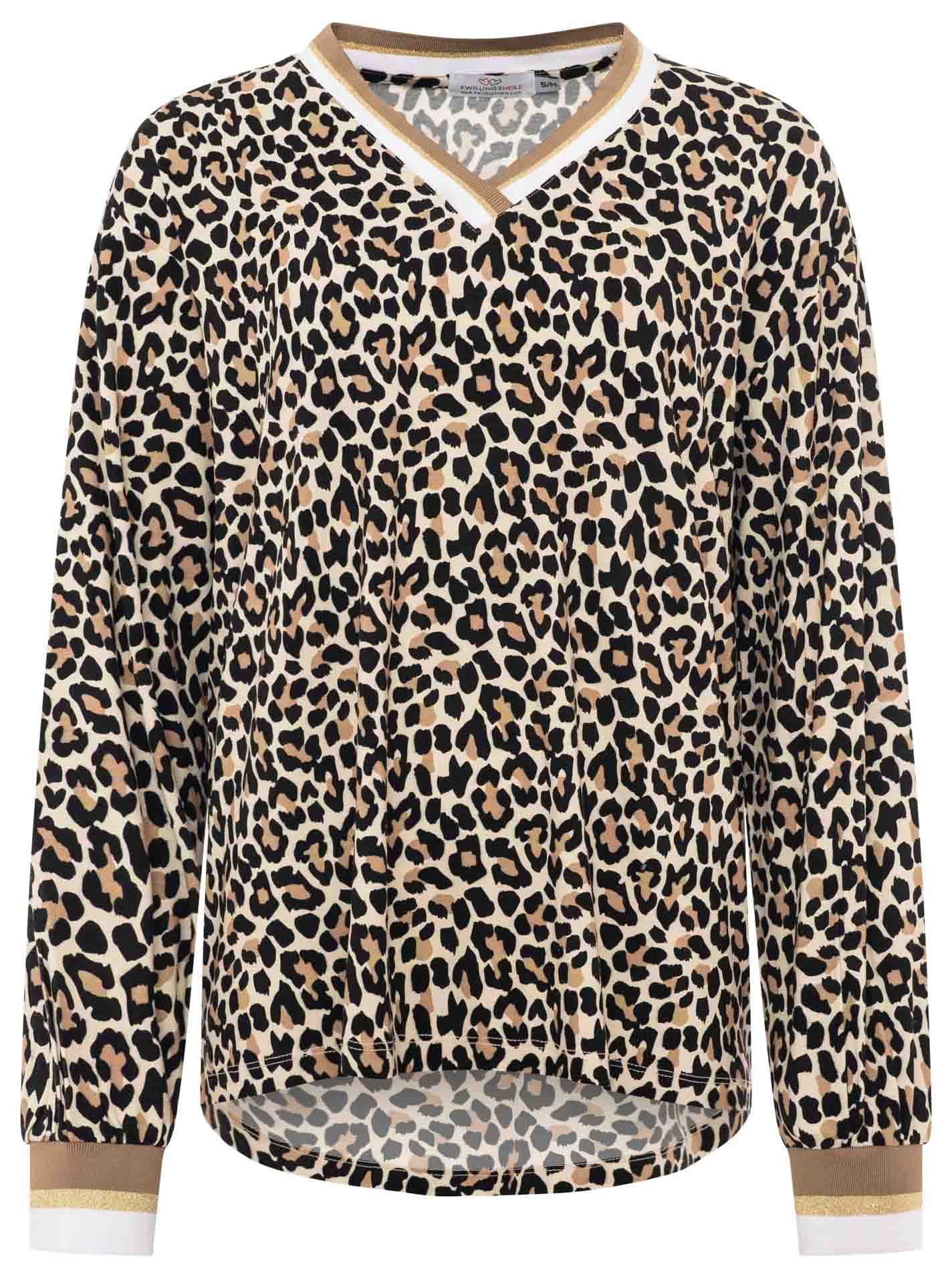 Zwillingsherz Blusenshirt "Leo" Leichtes Material, gestreifte Bündchen, Leomuster, V-Neck