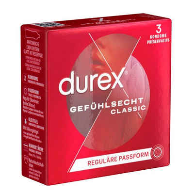 durex Презервативи Gefühlsecht Classic Packung mit, 3 St., Transparent-Kondome, hauchzarte Markenkondome mit Easy-On™-Passform