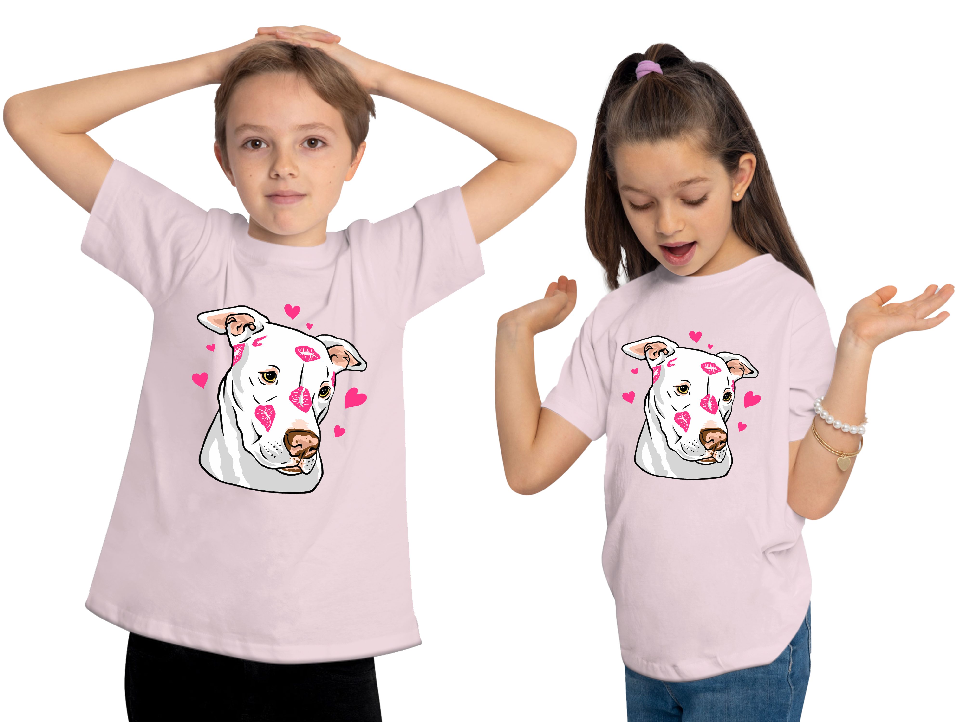 MyDesign24 Print-Shirt bedrucktes T-Shirt rosa Hunde Kinder mit Herzen Baumwollshirt Aufdruck, Pitbull mit i229 