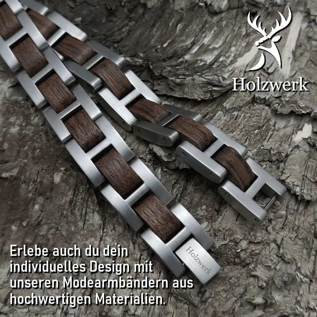 Holzwerk Edelstahlarmband Designer Holz Armband, Armkette Gliederarmband, Holz Unikate inkl. Armbandkürzer, ideal als Geschenk