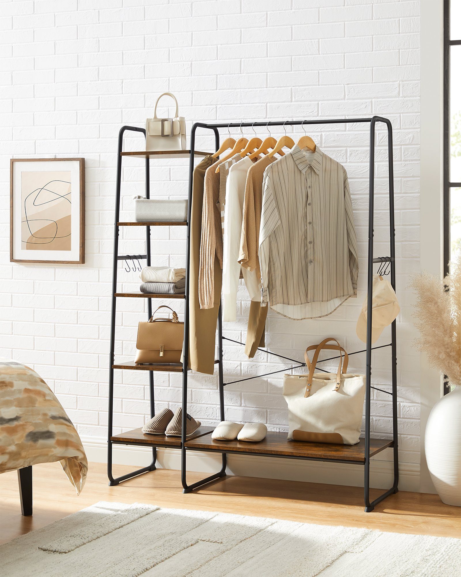 VASAGLE Kleiderständer, mit Kleiderstange, Schuhablage, 6 abnehmbare Haken günstig online kaufen