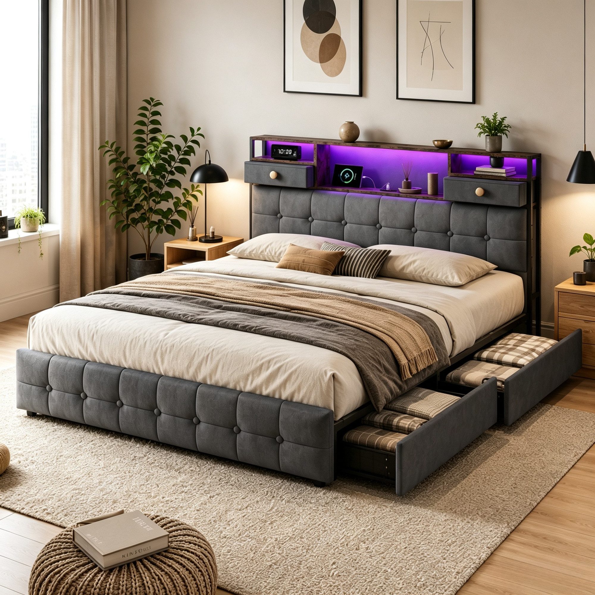 Simurq Polsterbett 140x200cm Stauraumbett mit LED, Ladefunktion und 4 Schubladen (Packung, 1-tlg., Doppelbett Mit Stauraum Kopfteil und Lattenrost), Samt Schubl – Bild 2 von 5