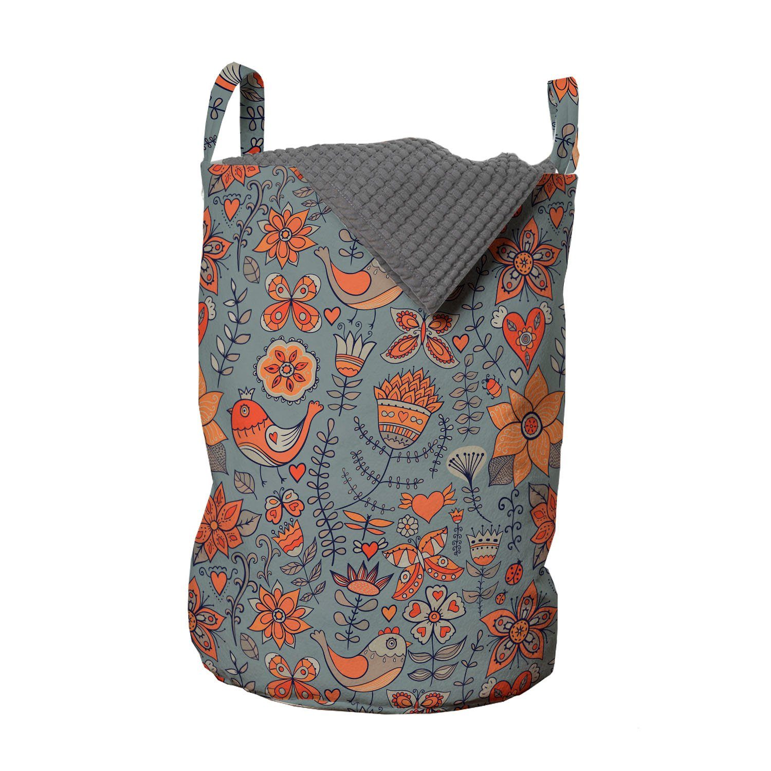 Abakuhaus Wäschesäckchen Wäschekorb mit Griffen Kordelzugverschluss für Waschsalons, Natur Doodle Vögel Blumen | Wäschesäcke