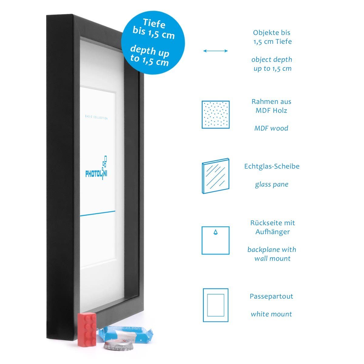 Tiefe Schwarz mit / Objekte bis Bilderrahmen für cm PHOTOLINI 1,5 3D-Rahmen Passepartout