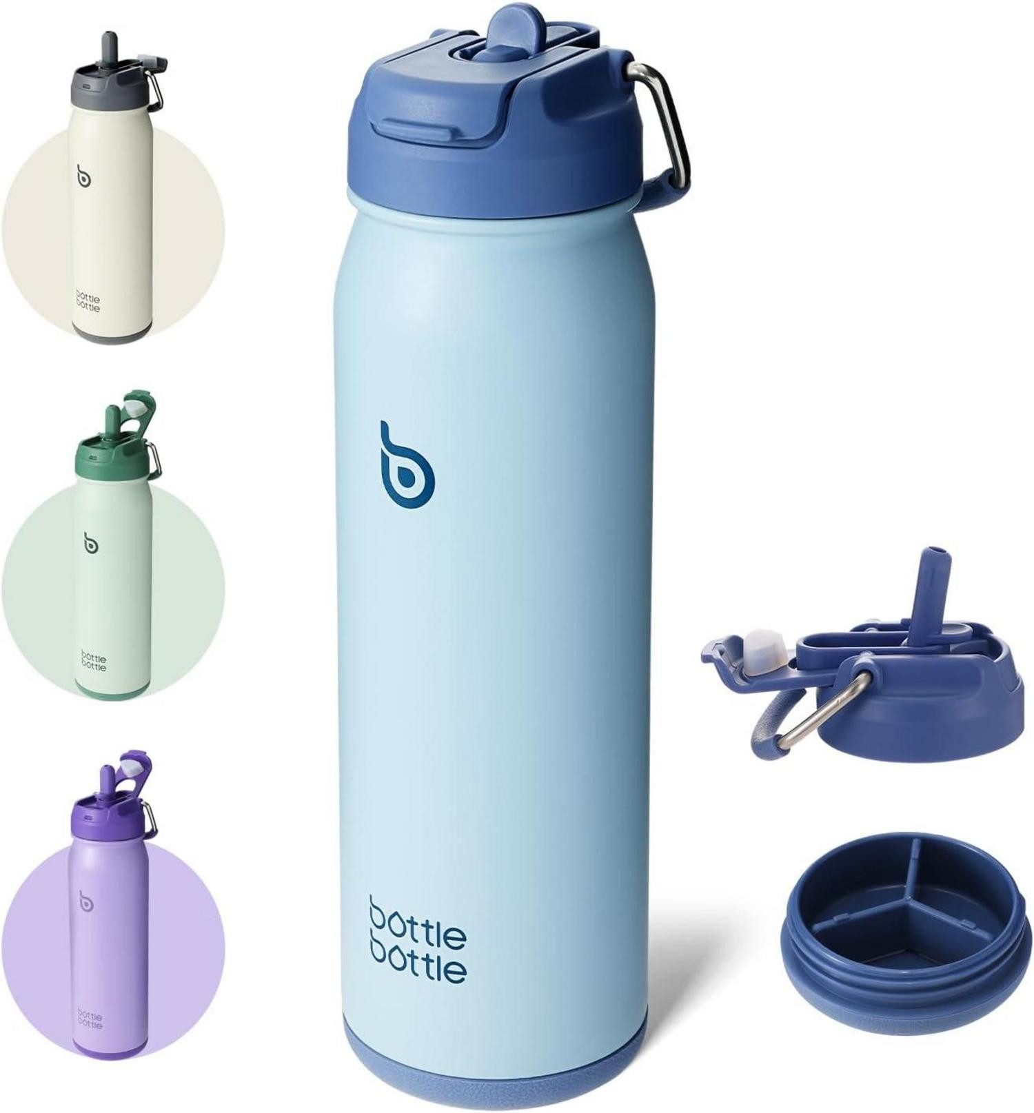 Thermobecher Edelstahl Trinkflasche mit Strohhalm und Pillenfach 709ml Blau