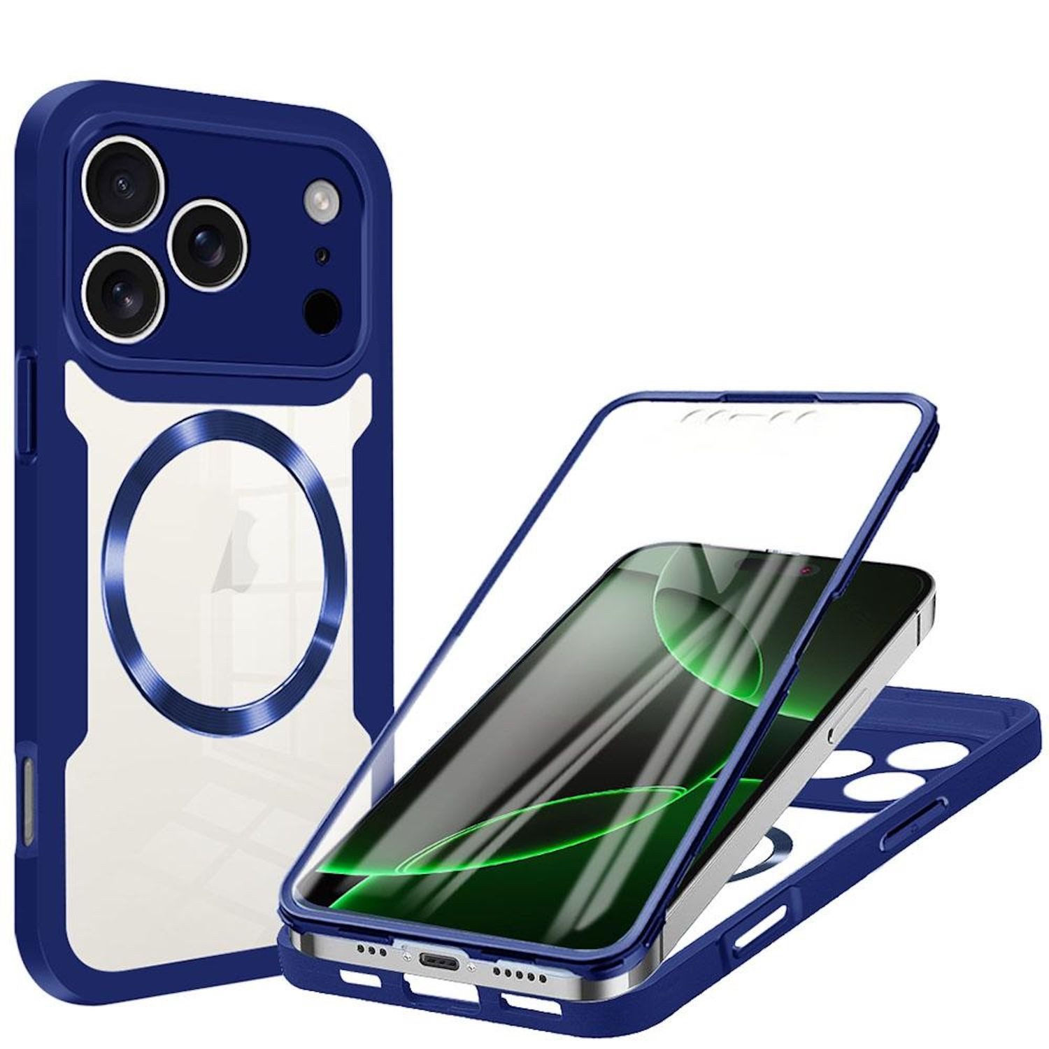 Wigento Handyhülle Für Apple iPhone 17 Pro Max MagSafe Full Body Acryl TPU Hülle Blau, MagSafe 360 Grad Schutz Schutz Hülle