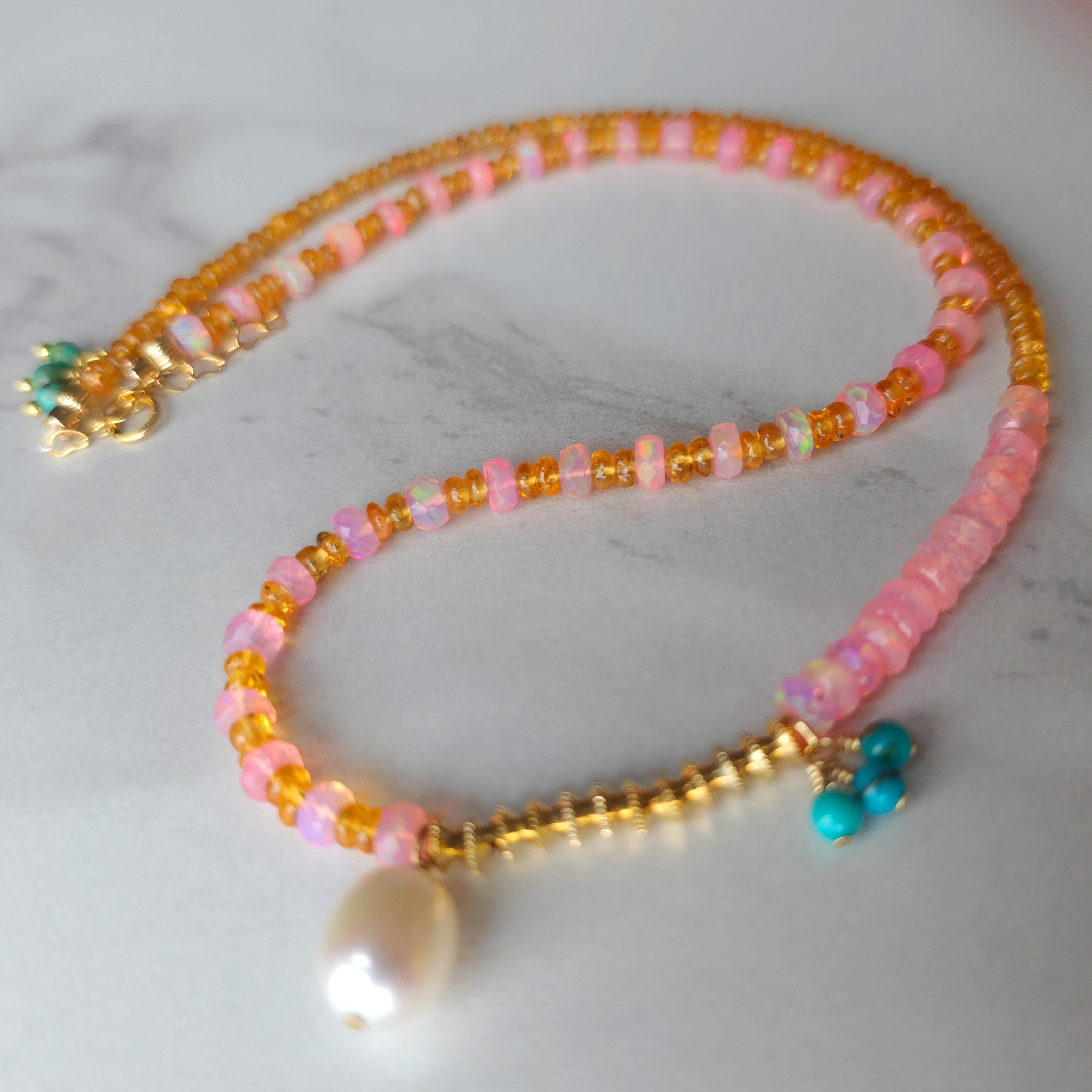 GOLDEN Perlenkette Rosa Opal & Spessartit Granat Halskette, Oktober Geburtsstein