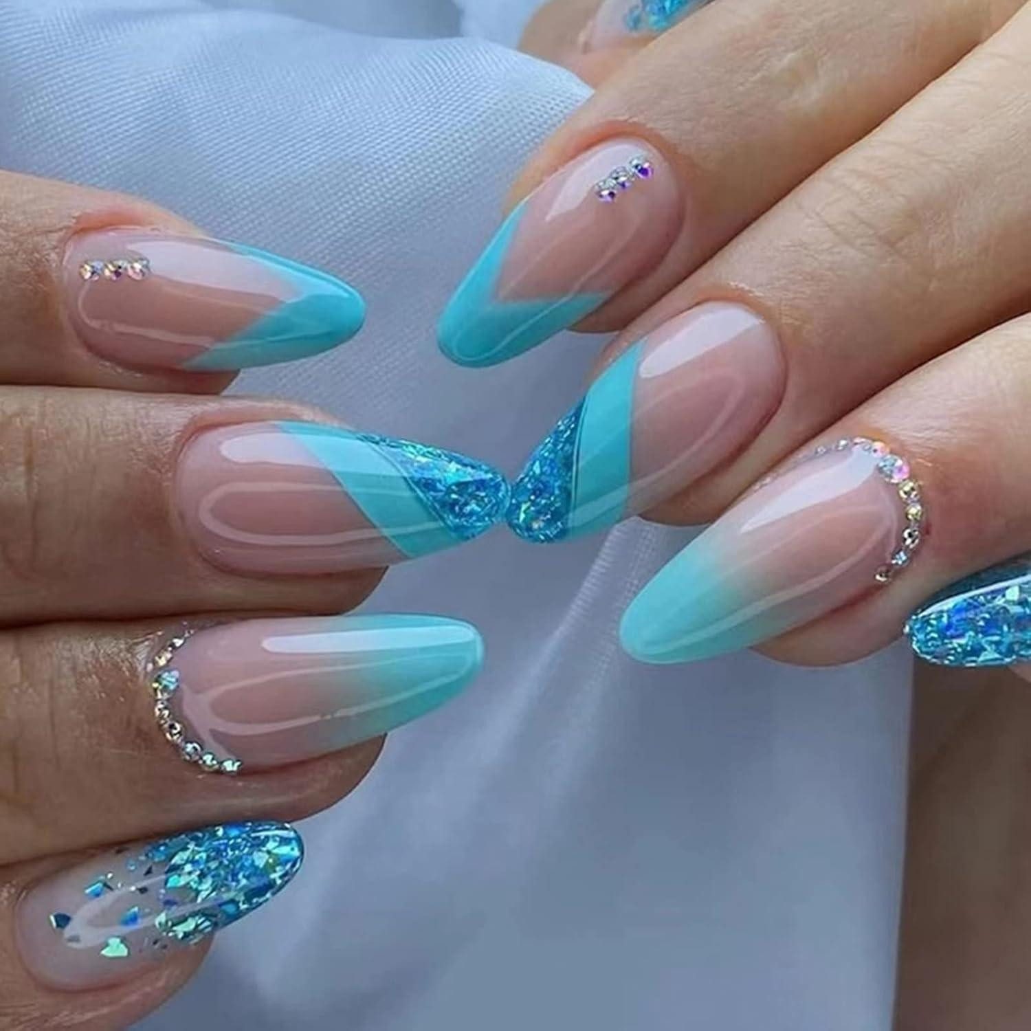 LuxusKollektion Kunstfingernägel 24 Stück Blau Glitzer Stiletto Nägel Mittel - Wiederverwendbare Mandel