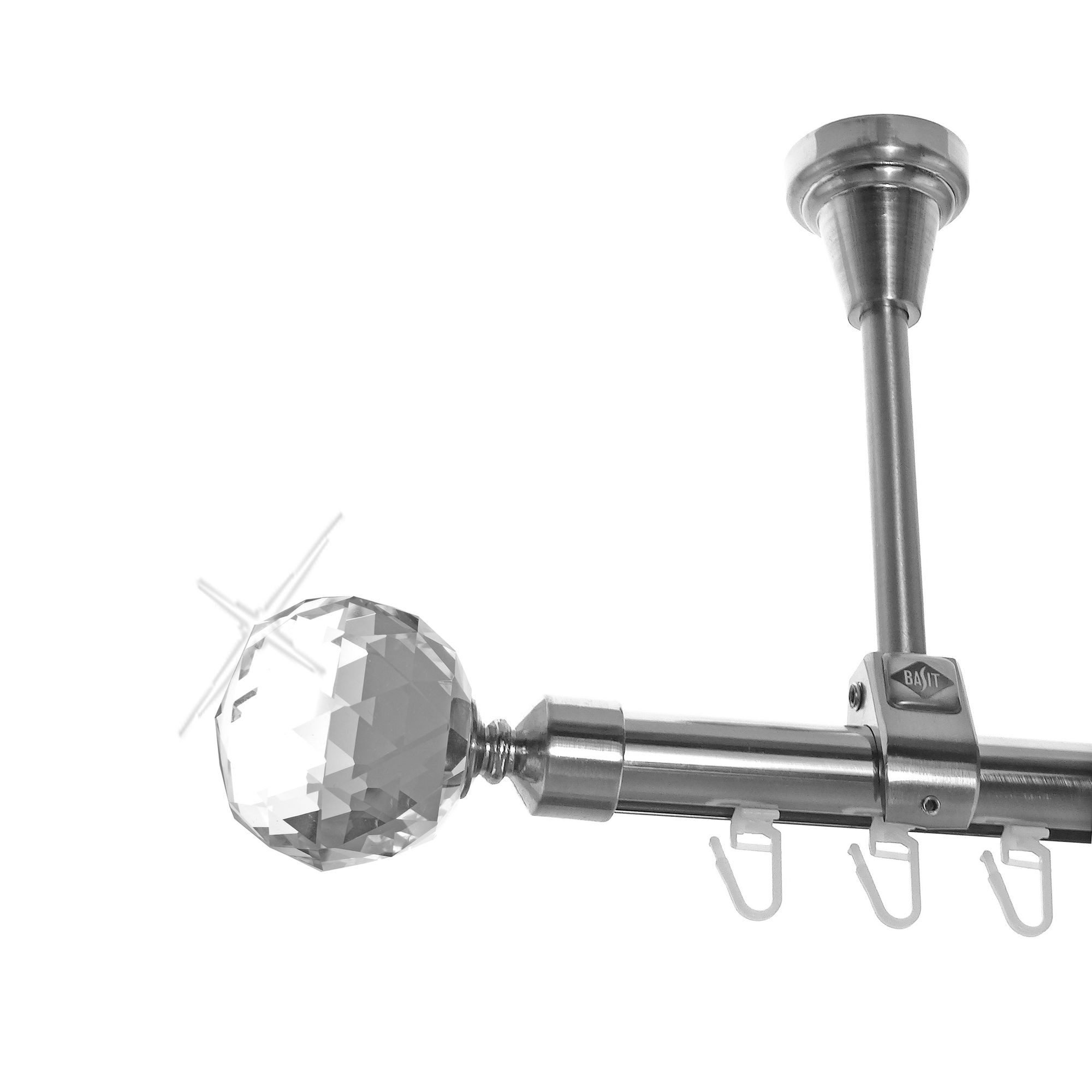 BASIT Gardinenstange Innenlauf Edelstahloptik 20mm mit Deckenträgern 160 cm E87, Ø 20 mm, 1-läufig, verschraubt, Aluminium, D51I 160 cm E87 Kristall Kugel