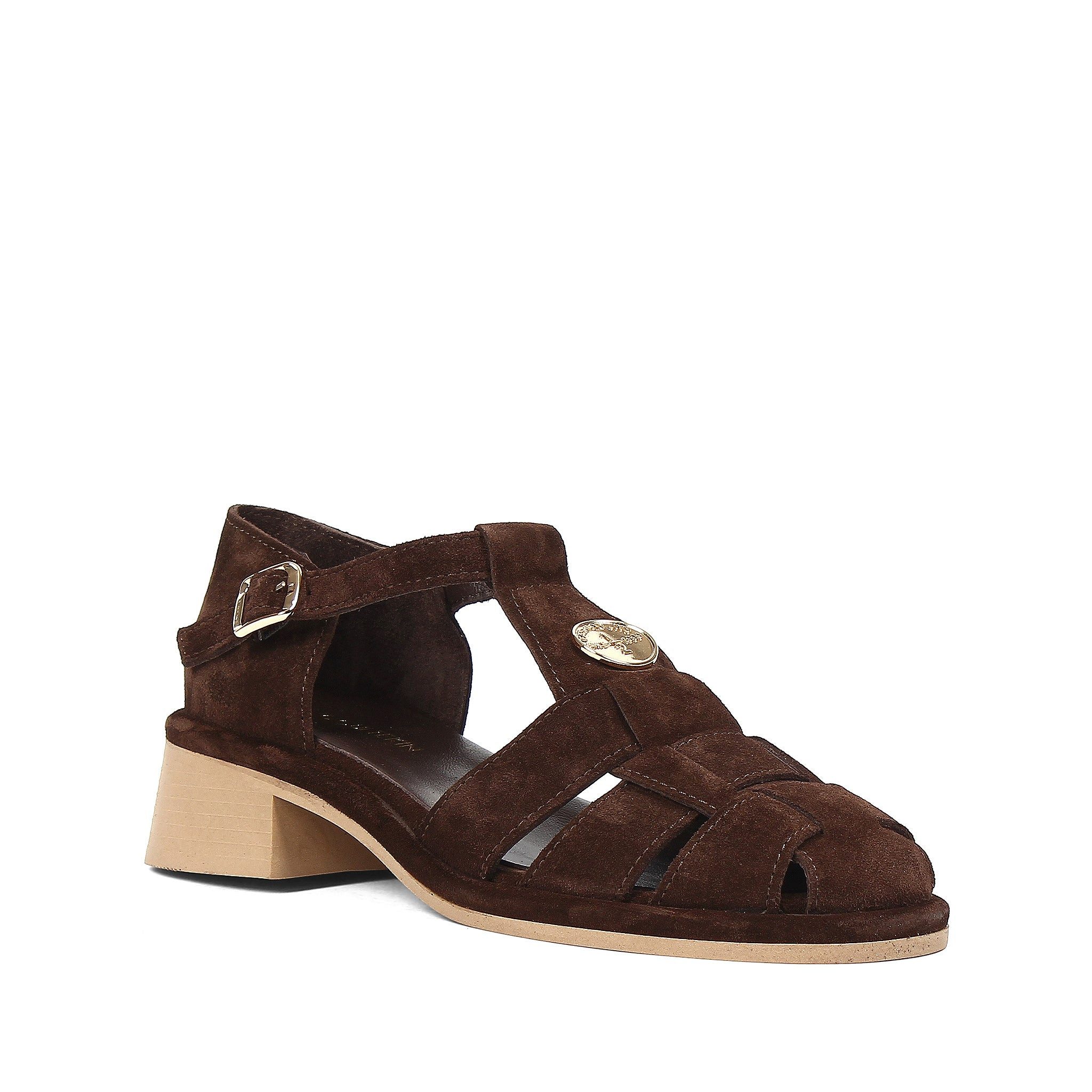 Celal Gültekin T-Strap Blockabsatz Knöchelriemen Retro Boho Damen Riemchensandalette Veloursleder, Echtleder-Futter & Decksohle, Braun, 39
