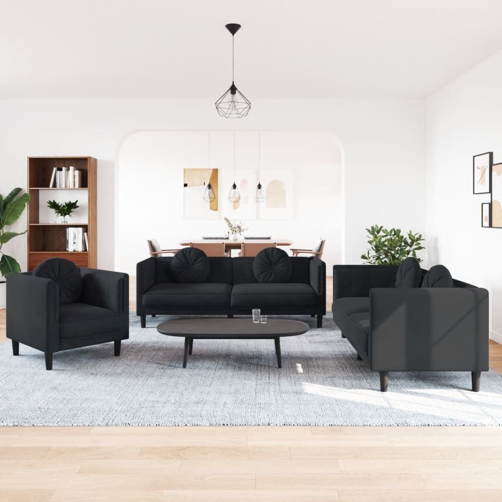 vidaXL Sofa, 3-tlg. Sofagarnitur mit Kissen Schwarz Samt