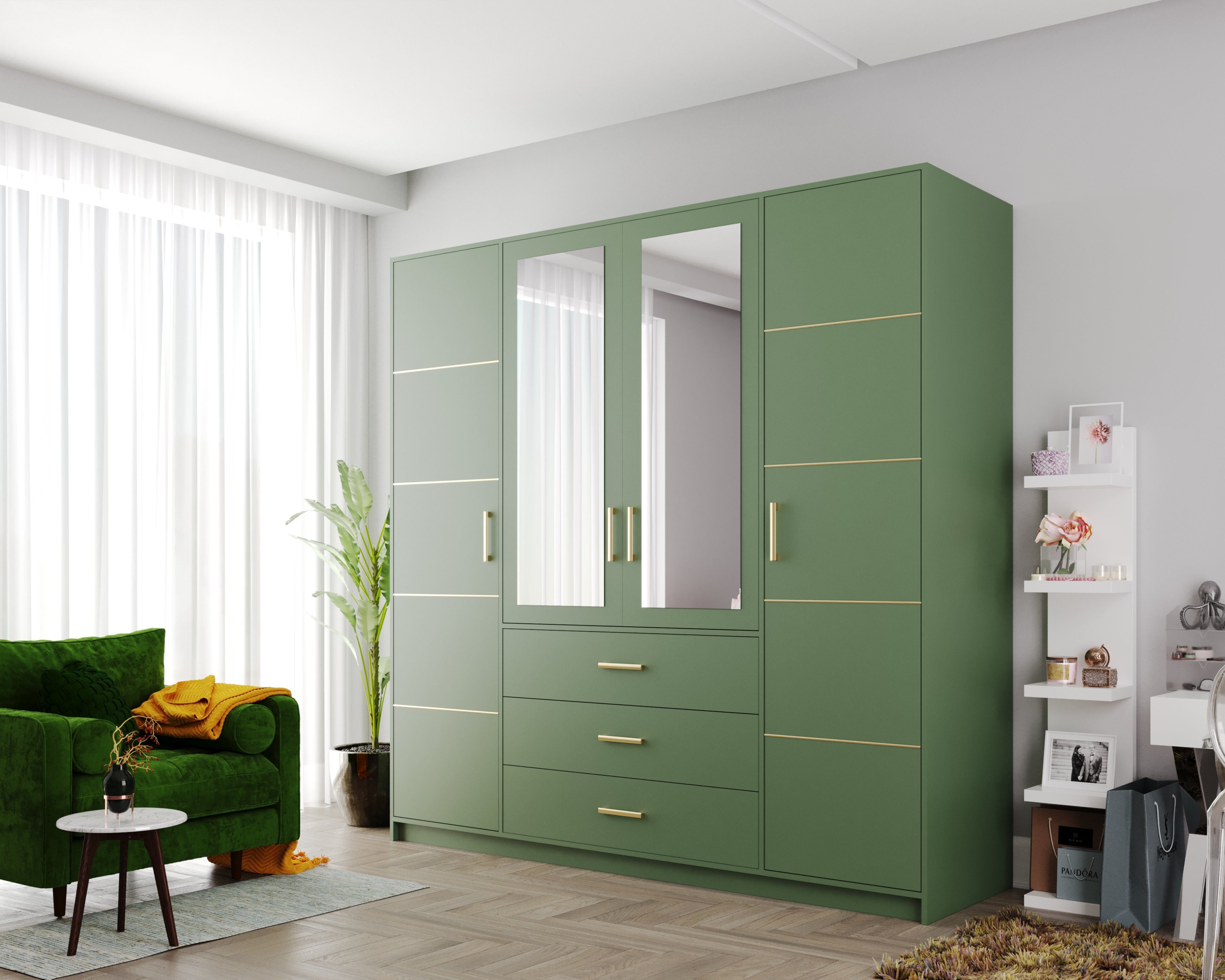 Beautysofa Kleiderschrank Kleiderschrank mit 4 türen BALI D4 Garderobenschrank mit Spiegel, Sideboard mit 3 Schubladen grün