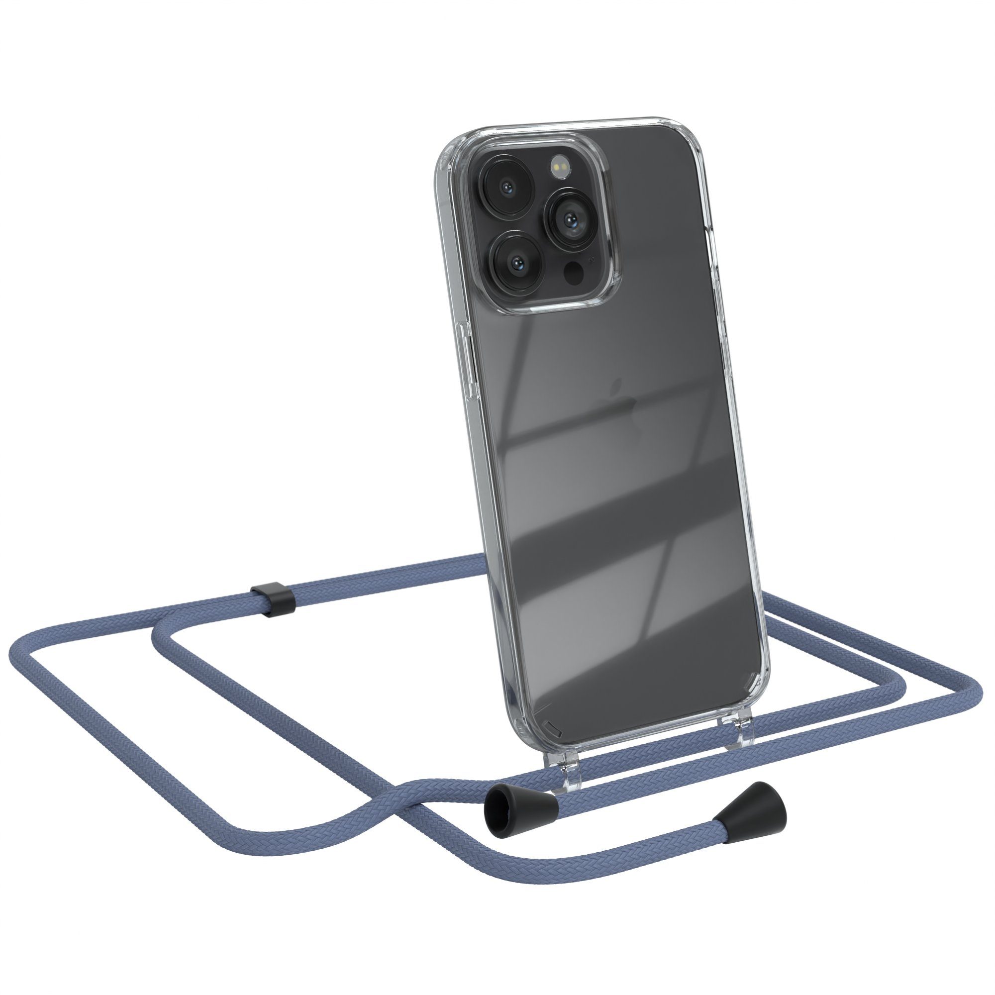 EAZY CASE Handykette Kette Clips Schwarz für Apple iPhone 13 Pro 6,1 Zoll, Silikonhülle Transparent Handyhülle mit Kordel Kette zum Umhängen Blau