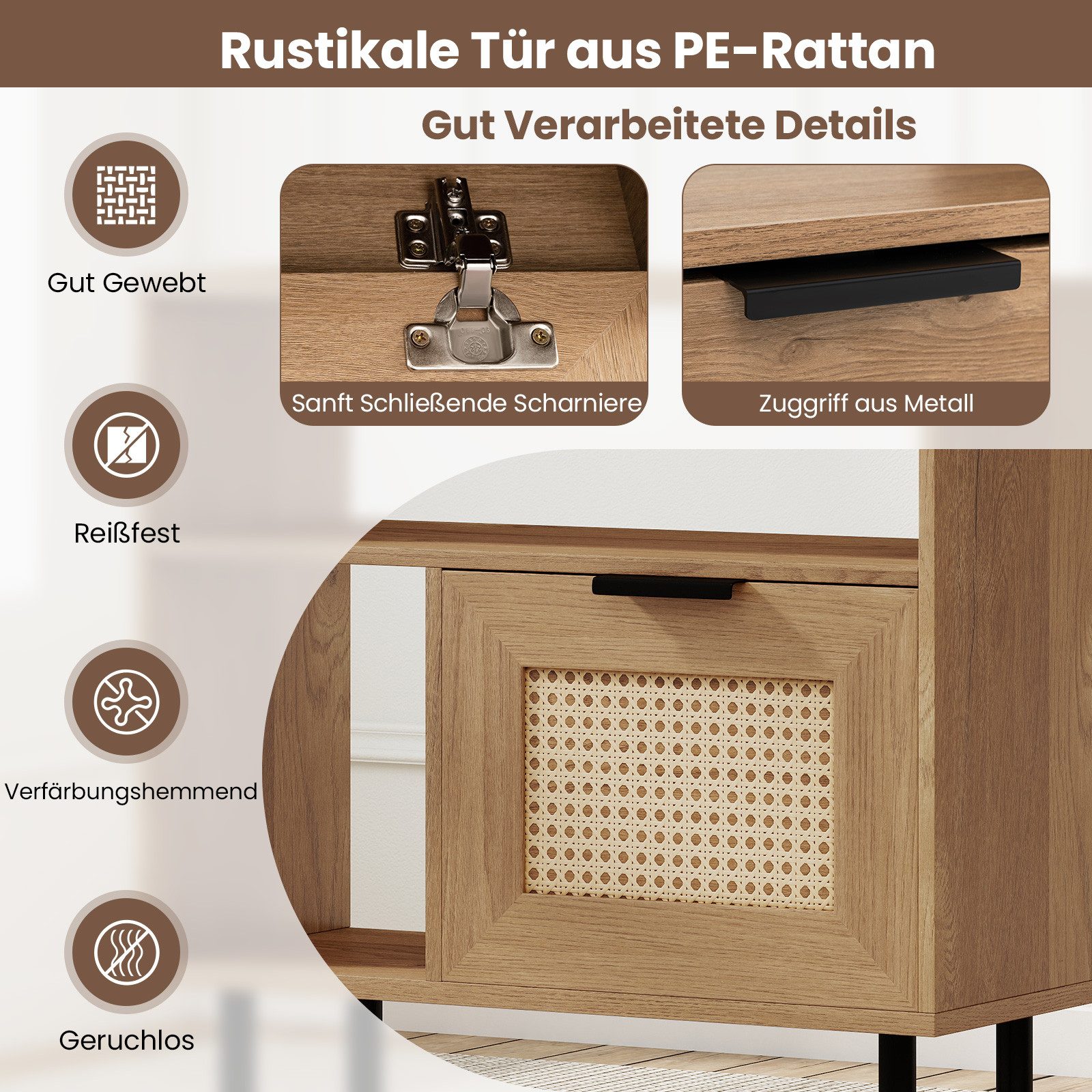 COSTWAY Beistelltisch Rattan Nachttisch mit Ablagefach Sideboard, 25,5x60x59cm – Bild 4 von 5