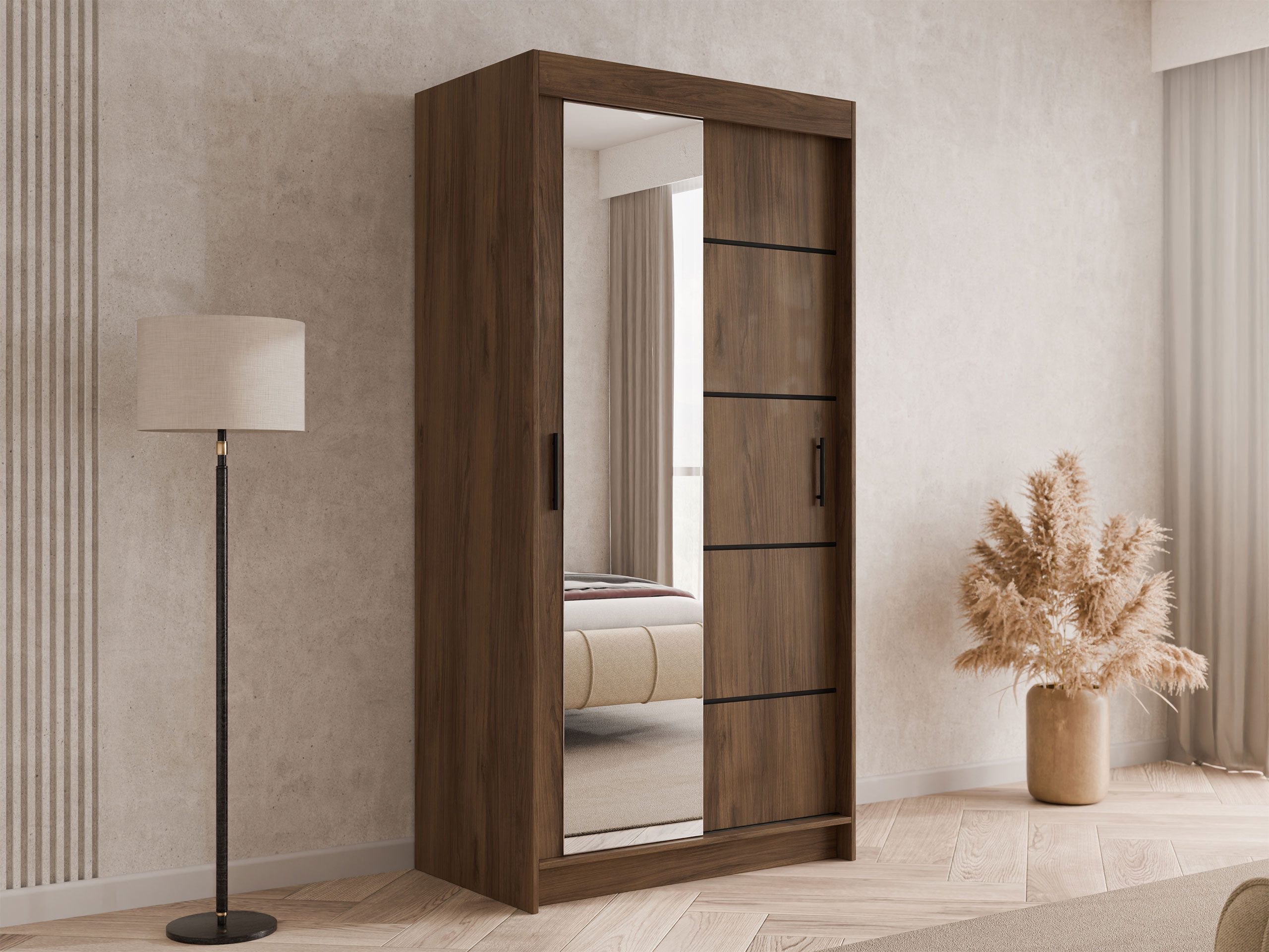 MIRJAN24 Kleiderschrank Infinity III 120 (mit zwei Schwebetüren) mit Kleiderstange, Frontspiegel, 120x58x200 cm