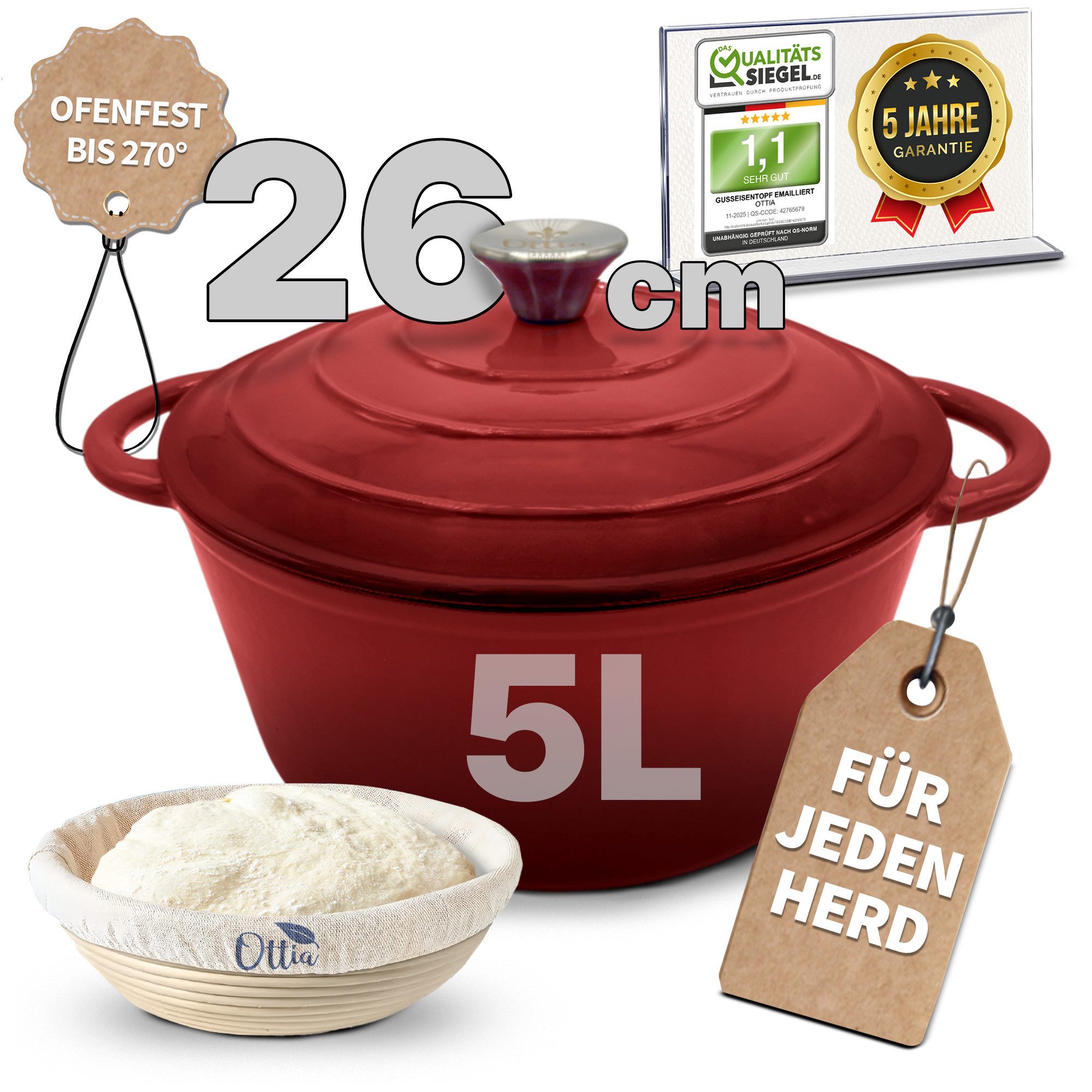 Ottia Schmortopf Gusseisen Topf lc, 26cm groß, 5L, Bräter, Brotbacktopf, Gusseisen, 3-fach Emaille, Händler aus Hamburg