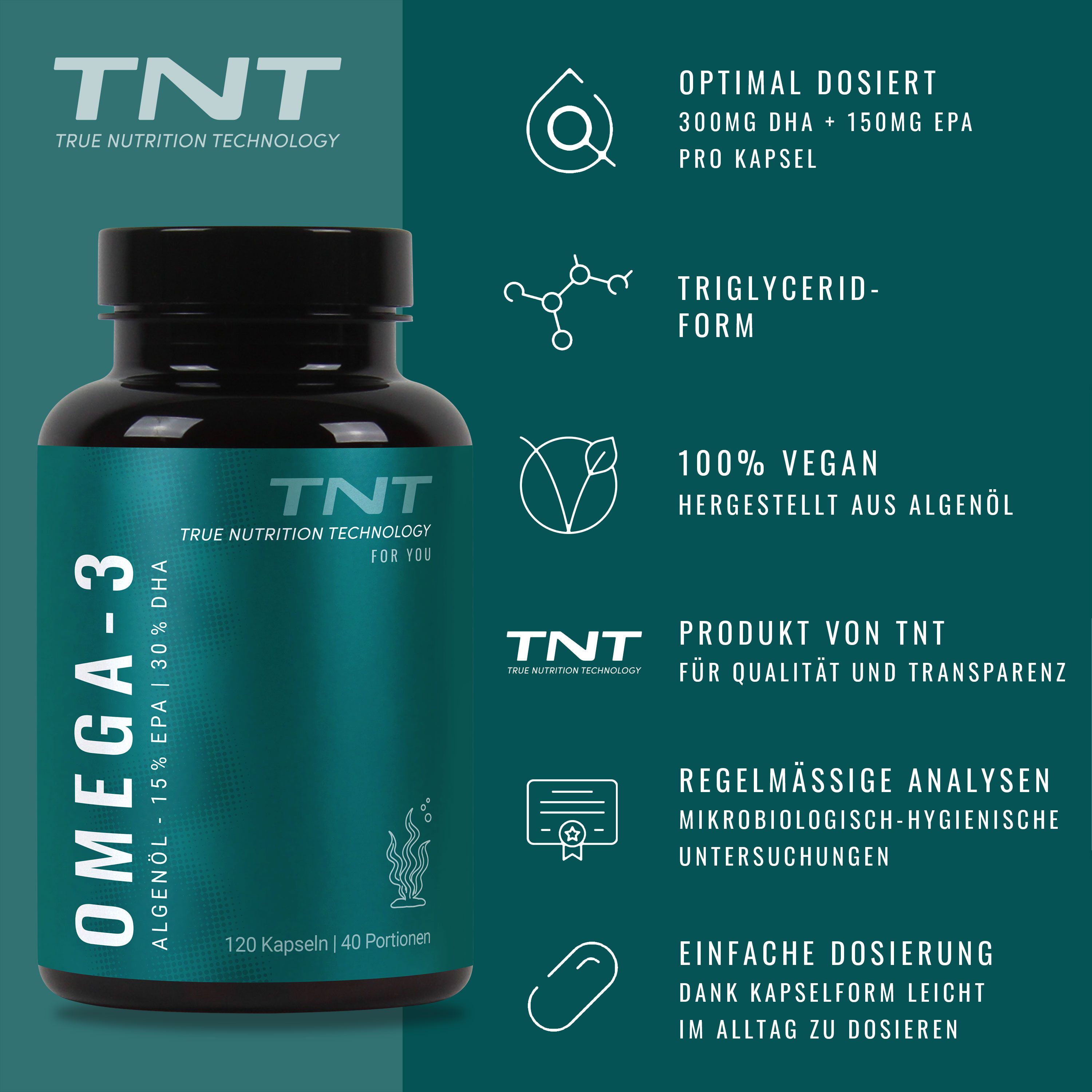 TNT (True Nutrition Technology) Omega-3 Kapseln aus Algenöl mit 300mg DHA + 150mg EPA Kapseln, 120 St., 164 g
