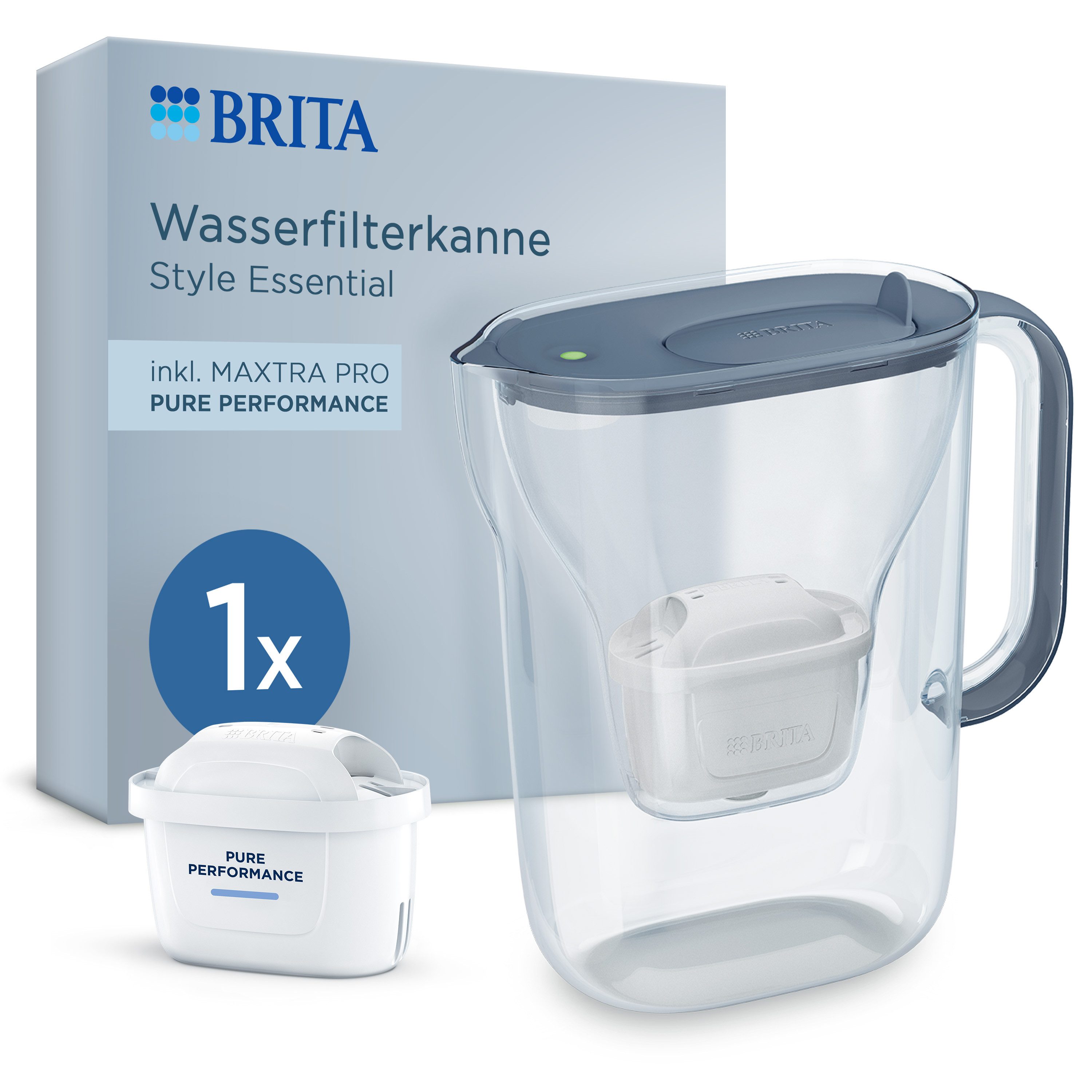 BRITA Wasserfilter Kanne Style Essential inkl. 1x BRITA MAXTRA PRO Pure Performance, Filterkanne mit Filterwechselanzeige, reduziert Verunreinigungen