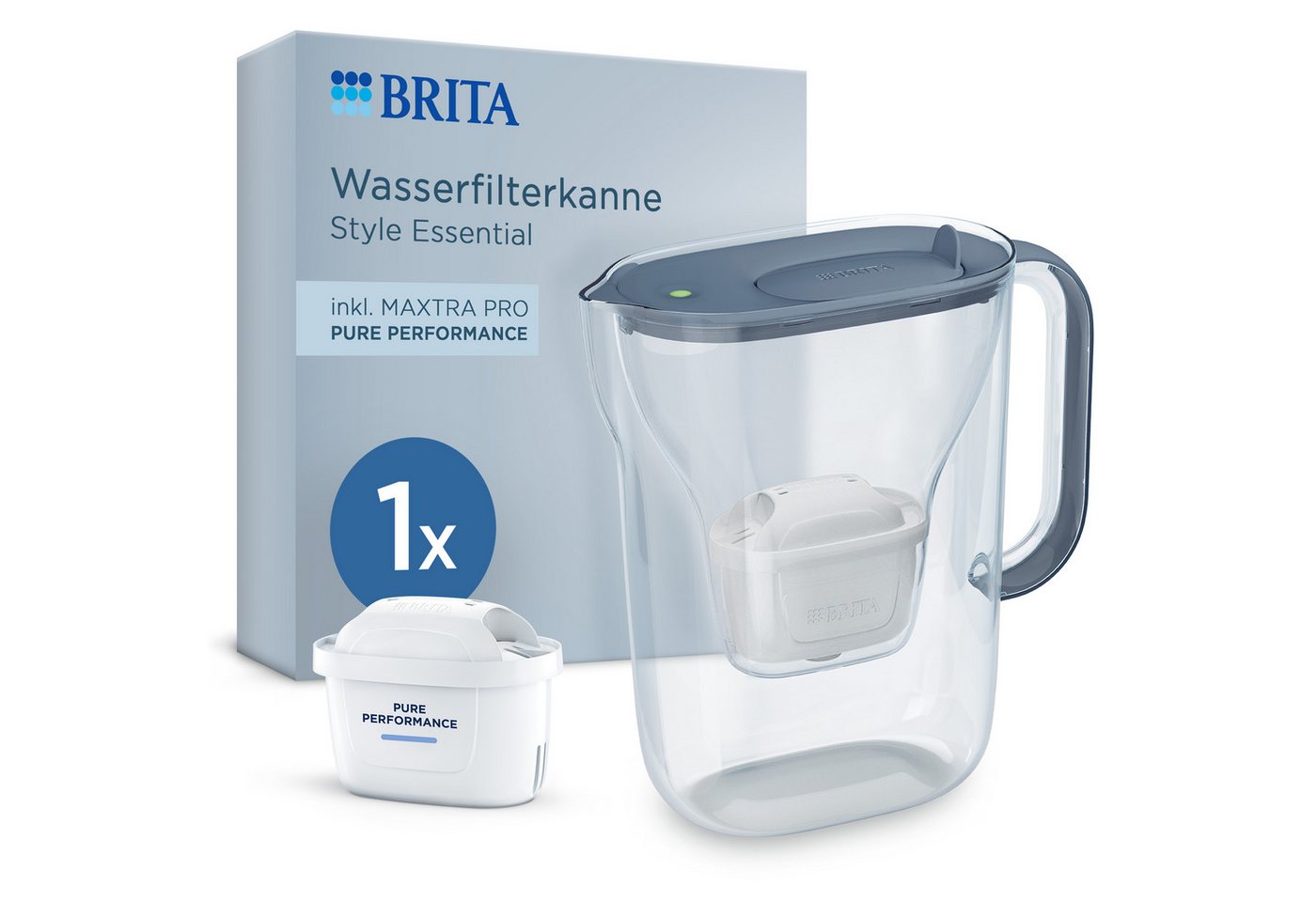 BRITA Wasserfilter Kanne Style Essential inkl. 1x BRITA MAXTRA PRO Pure Performance, Filterkanne mit Filterwechselanzeige, reduziert Verunreinigungen