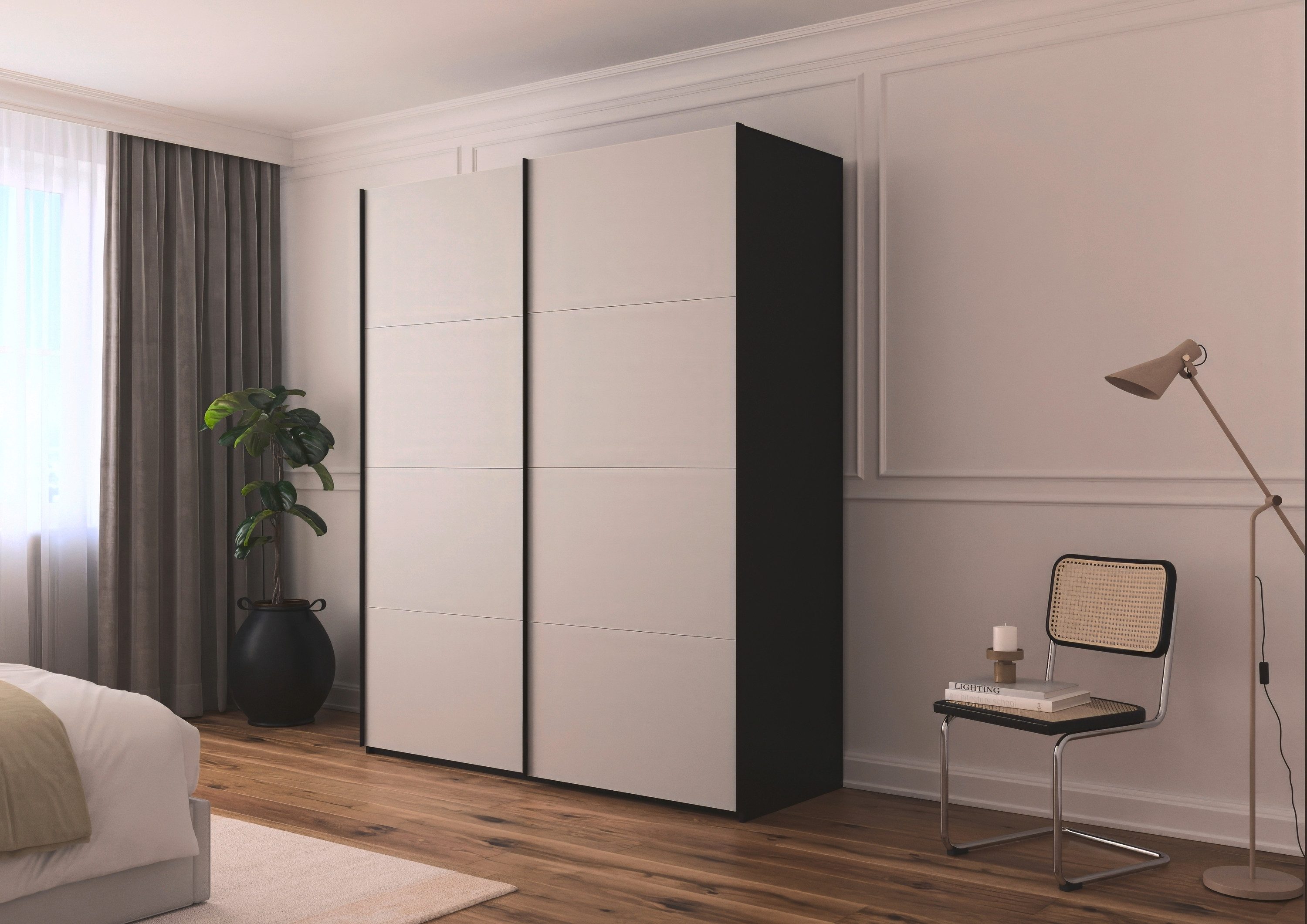 rauch Schwebetürenschrank Kleiderschrank Schrank Garderobe Schlafzimmerschrank SCALE-FYRA edle viergeteilte Türen mit Glas-Front viele Farben MADE IN GERMANY