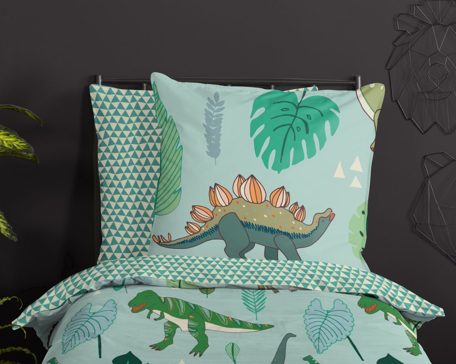 Bettwäsche Pastell Dino Dinosaurier grün Mint Dreieck, soma, Baumolle, 2 teilig, Bettbezug Kopfkissenbezug Set kuschelig weich hochwertig