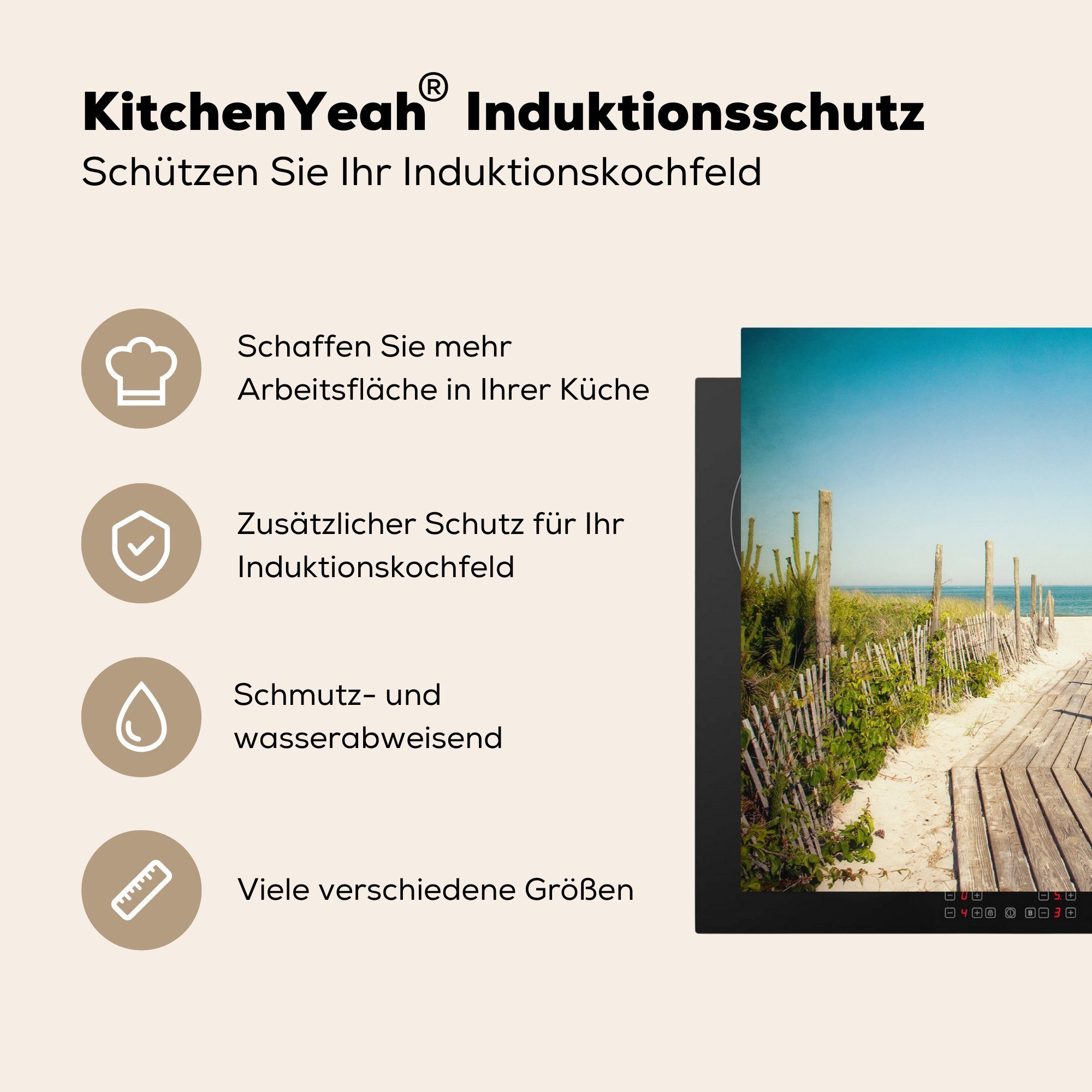 MuchoWow Herdblende-/Abdeckplatte - küche, die (1 Induktionskochfeld Ceranfeldabdeckung für 81x52 Schutz Meer - Vinyl, Sommer, Holz tlg), cm