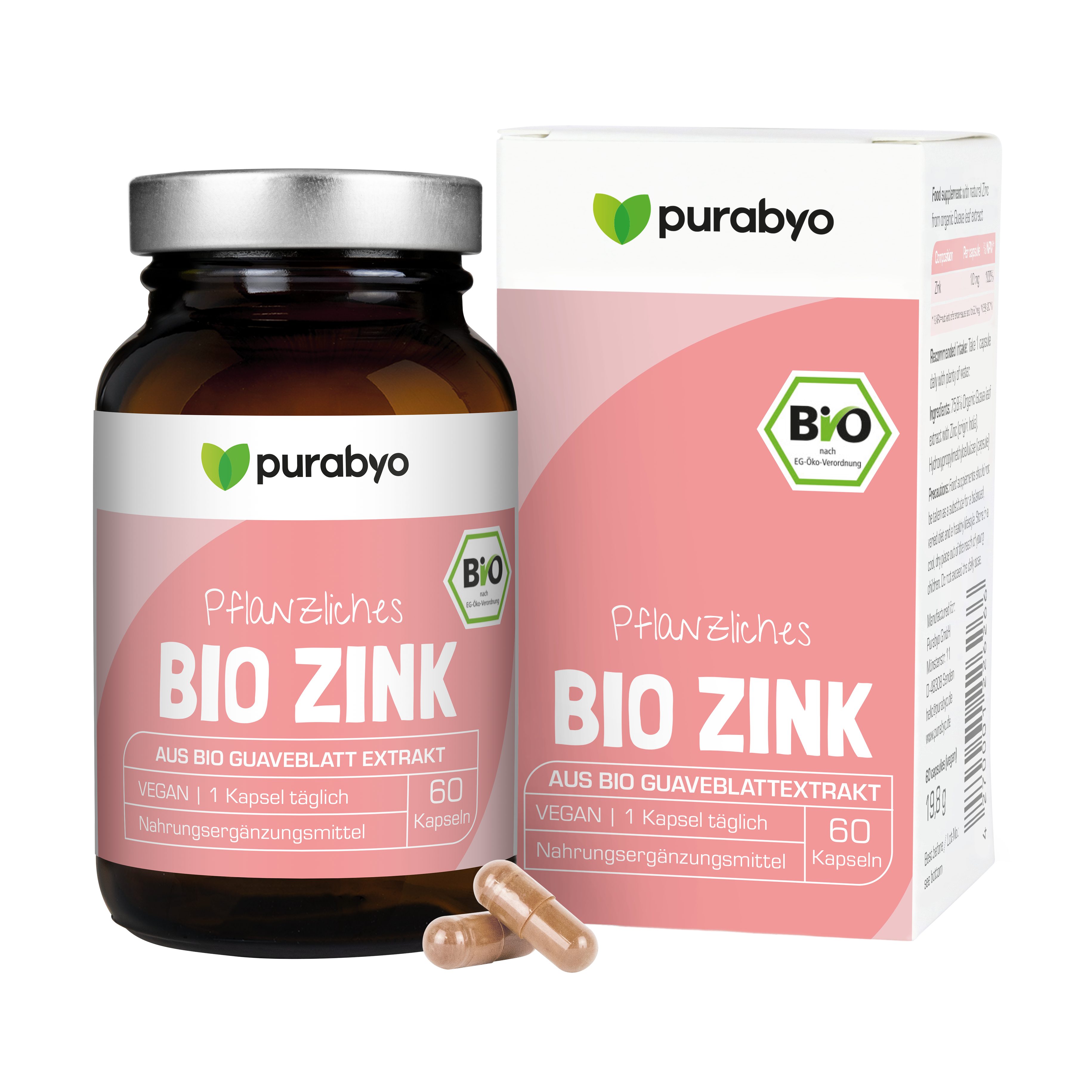 Purabyo Bio Zink Kapseln, 10 mg Zink, aus Bio Guaveblatt Extrakt, im Glas Kapseln, 1 er 60 St., 20 g