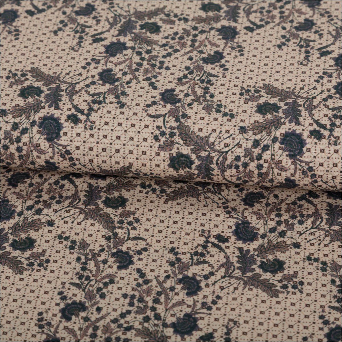 SCHÖNER LEBEN. Stoff Baumwollstoff Meterware Trachtenstoffe Blumen Blätter beige petrol