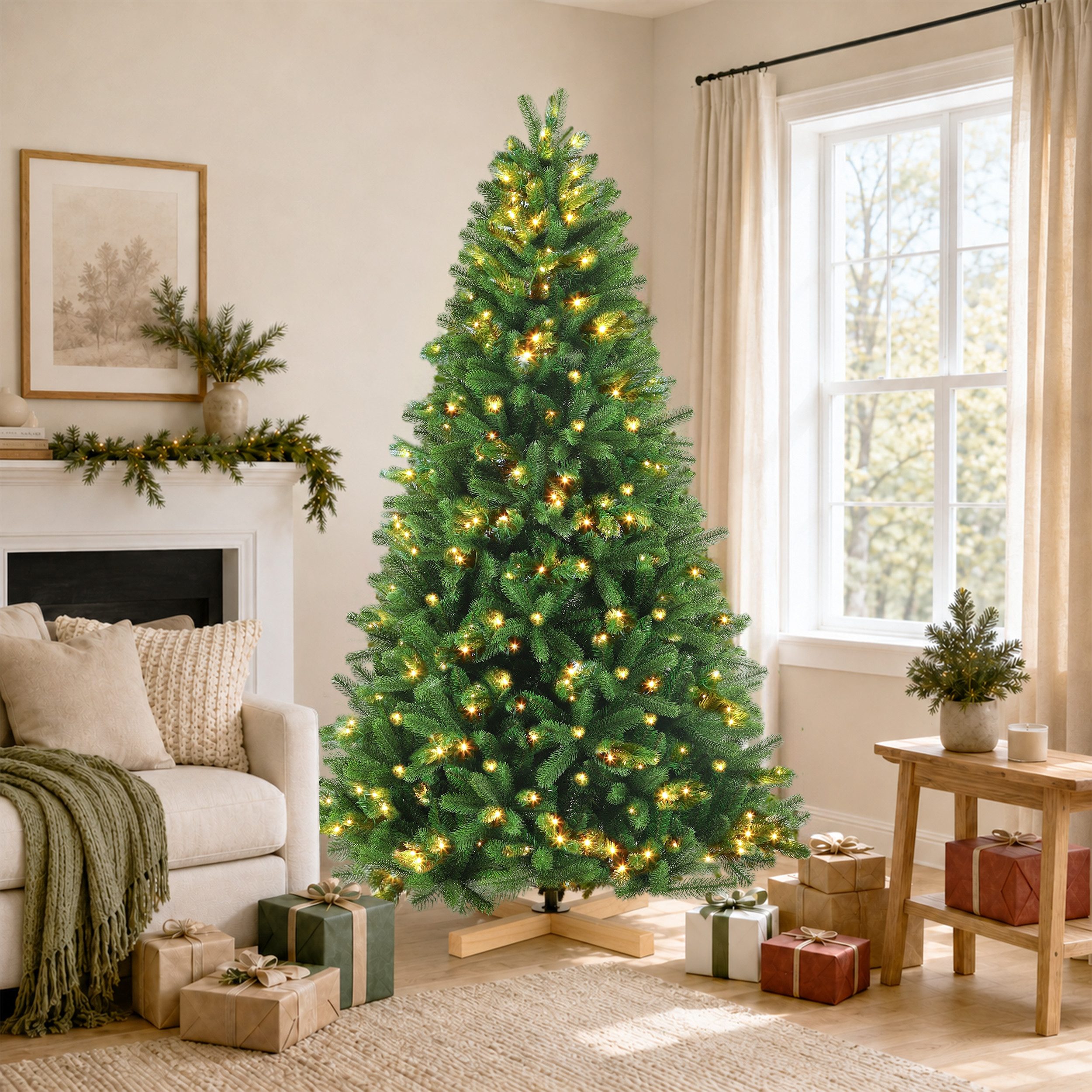 WHEELYOU Künstlicher Weihnachtsbaum 210 cm Tannenoptik, PE+PVC, 400 LEDs, Holzständer, 8 Lichtmodi, Dichte Tannenform, PE+PVC-Zweige, Holzfuß, warmgelbe Beleuch – Bild 4 von 5